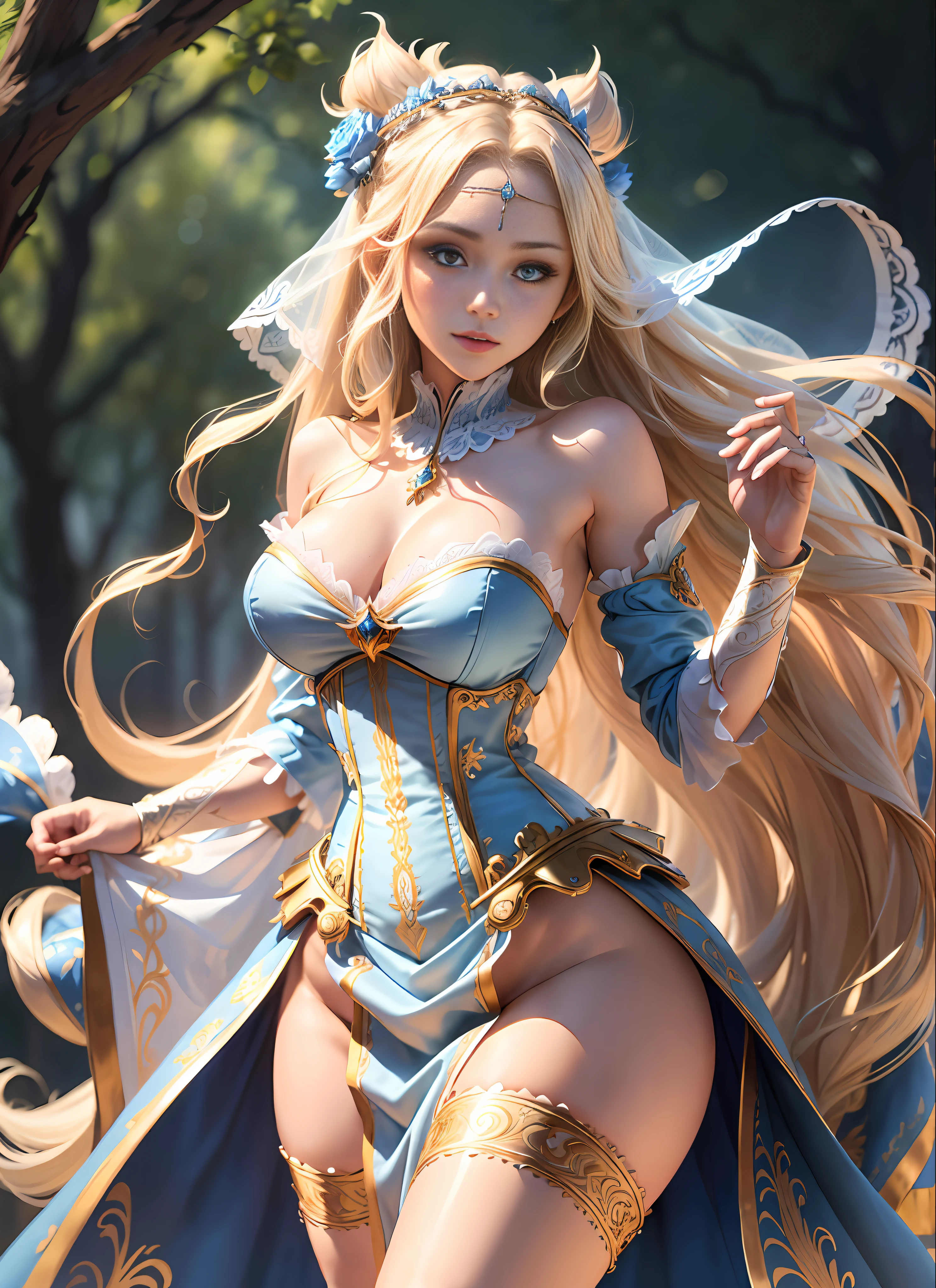 ((extremely detailed CG unity 8k wallpaper)), masterpiece, ultra-detailed, floating, high resolution, sexually suggestive, (petite, absurdly long blonde hair, princess, blue eyes, ("ornate long white and blue see through layered gown with detached sleeves and holy embroidery"), bridal veil, circlet, bridal gauntlets, bridal garters, corset, blushing, bare shoulders, no underwear)