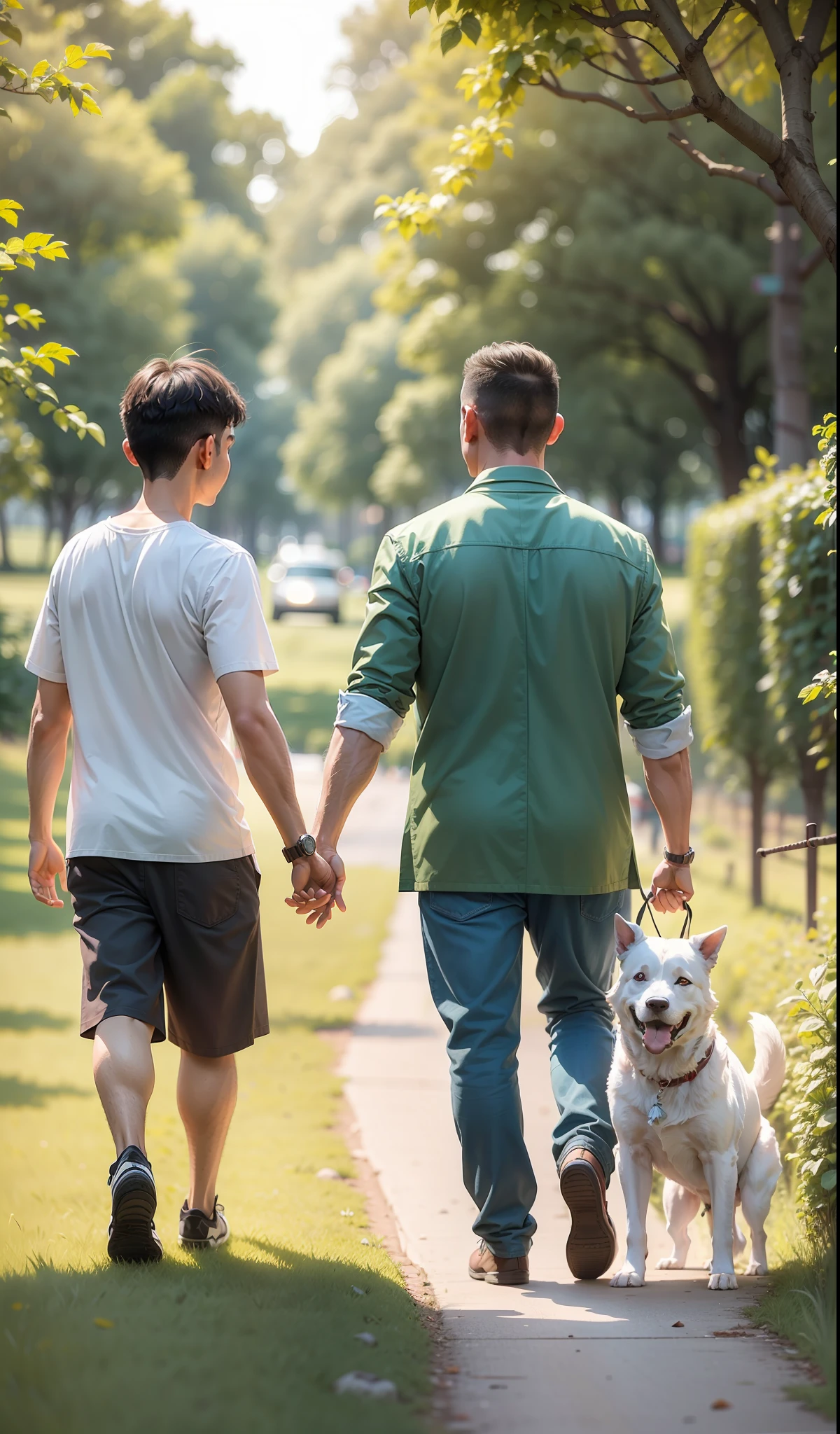 Father's Day, fathers accompany their children from childhood to youth to middle age, fathers holding their sons' hands, sunshine, grass, roads, and dogs