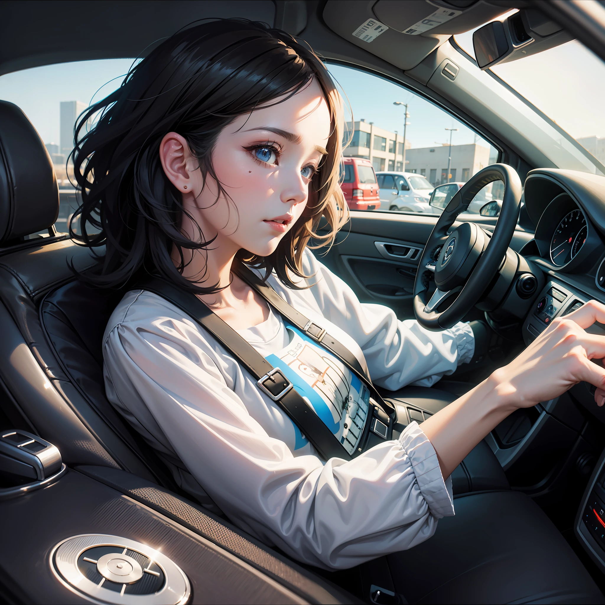 cartoon girl driving a car with a surprised look on her face, adorable digital painting, driving, driving a car, realistic cute girl painting, artwork in the style of guweiz, loish van baarle, cute detailed digital art, realistic cartoon, driving fast, pixar and ilya kuvshinov, by Goro Fujita, cute artwork
