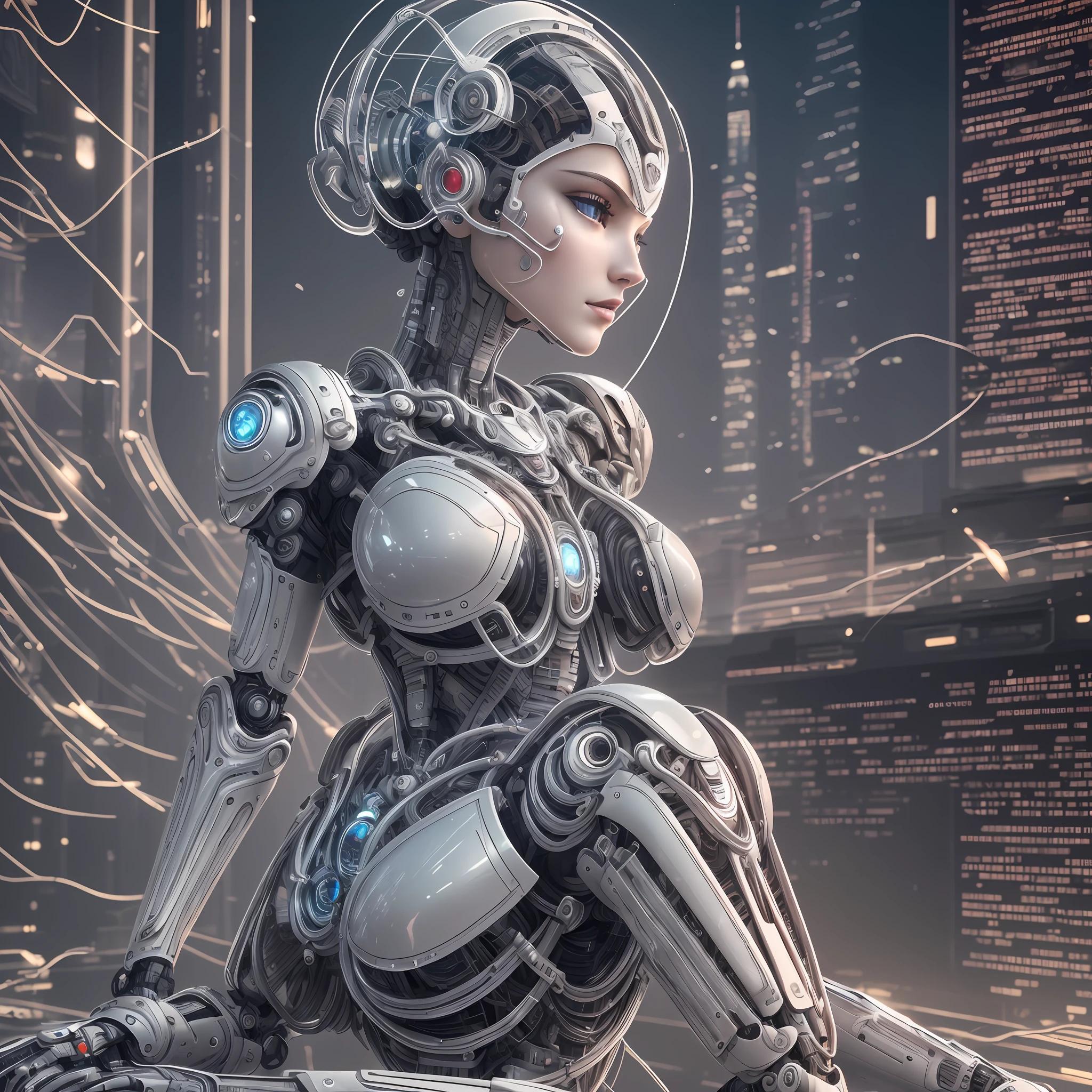 complex 3d render ultra detailed of a beautiful porcelain profile woman android face, cyborg, robotic parts, 150 mm, beautiful studio soft light, rim light, vibrant details, luxurious cyberpunk, lace, hyperrealistic, anatomical, facial muscles, cable electric wires, microchip, elegant, beautiful background, octane render, H. R. Giger style, 8k, best quality, masterpiece, illustration, an extremely delicate and beautiful, extremely detailed ,CG ,unity ,wallpaper, (realistic, photo-realistic:1.37),Amazing, finely detail, masterpiece,best quality,official art, extremely detailed CG unity 8k wallpaper, absurdres, incredibly absurdres, , robot, silver halmet, full body, sitting --auto --s2