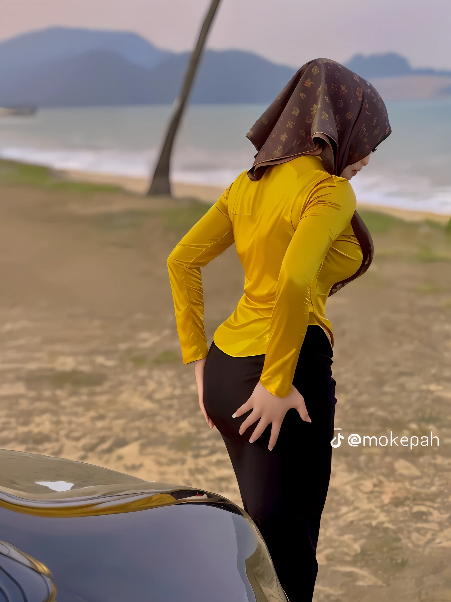 1 hijab girl, silk satin hijab, shinny shirt, silk clothes, shinny clothes, best quality, masterpiece, big , big butt, look, shinny pants, seamless bra