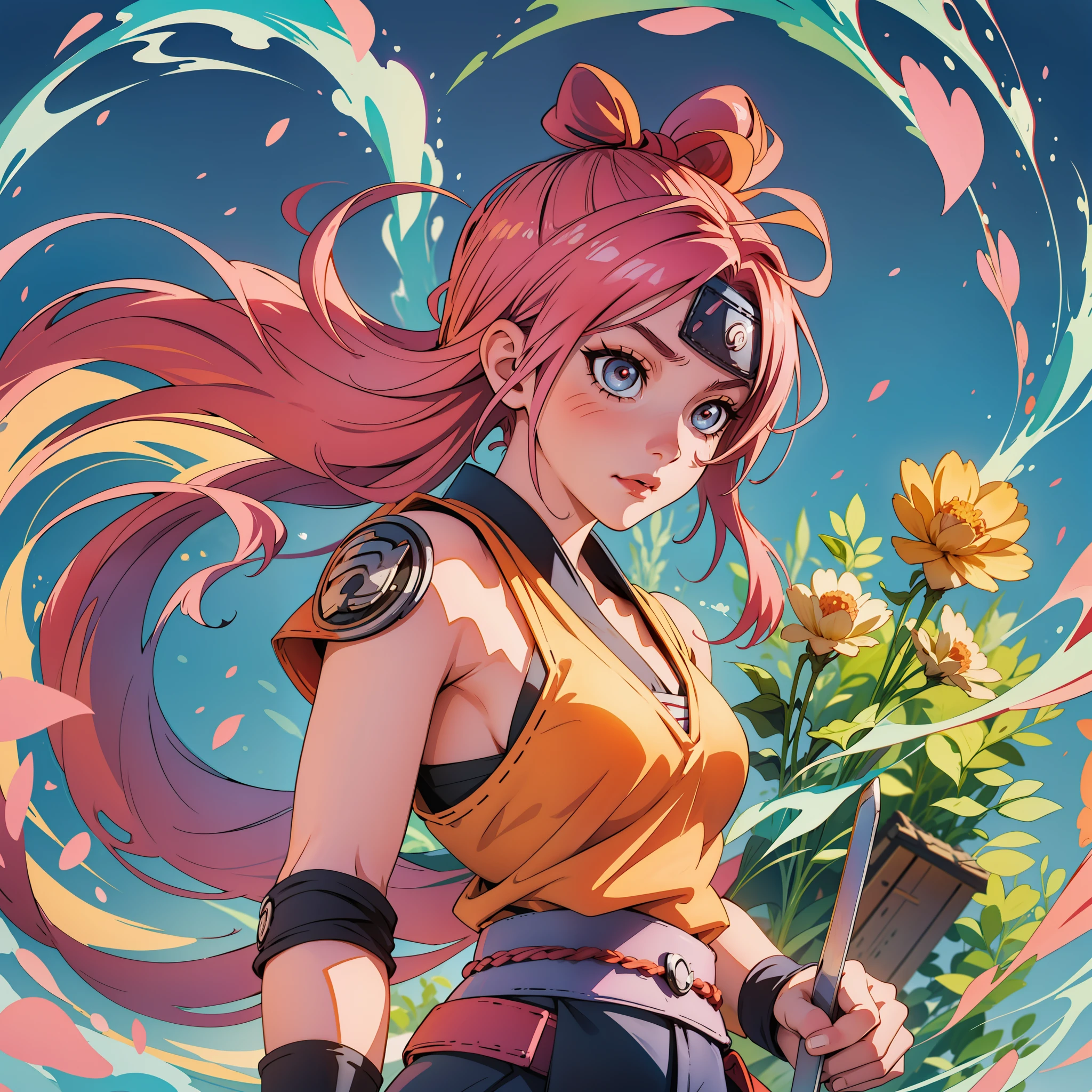 Sakura, a beautiful girl from the TV series "Naruto", in the style of Naruto, uses her magical powers, heroic pose, fights, bright colors, Kanoha village, super detail