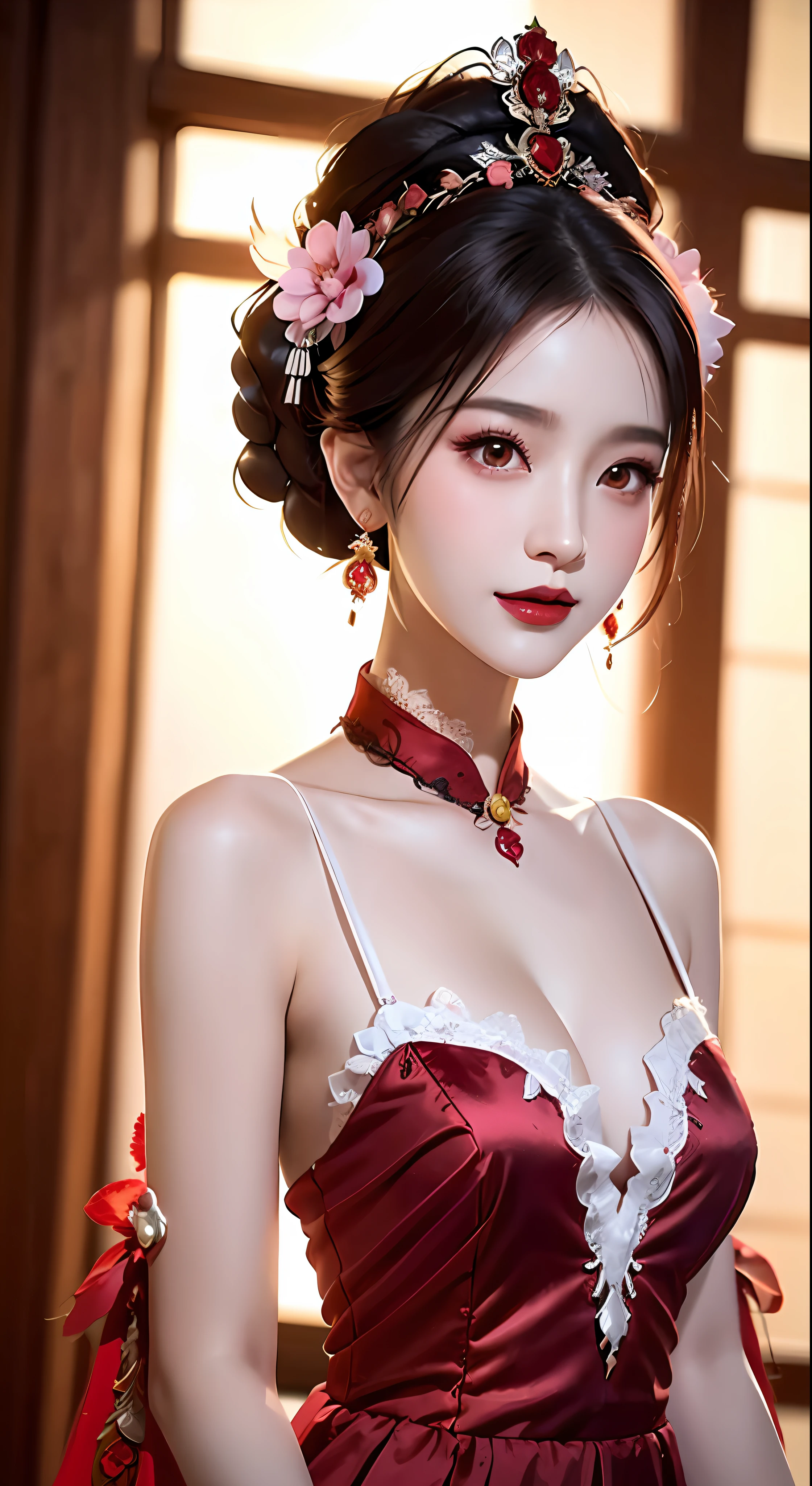 ung empress wearing red lace top, deep-breasted nightgown, Chinese-style clothes, ancient costumes with many phoenix patterns, flawless white and pink face, crown on her head, black hair hip length, beautiful and sharp brown eyes, small red lips, lipstick lipstick, earrings, white and even teeth, high nose, big round breasts, long slender legs, thin mesh black socks, portrait, most realistic, highest quality, best pixel, 8k ultra,