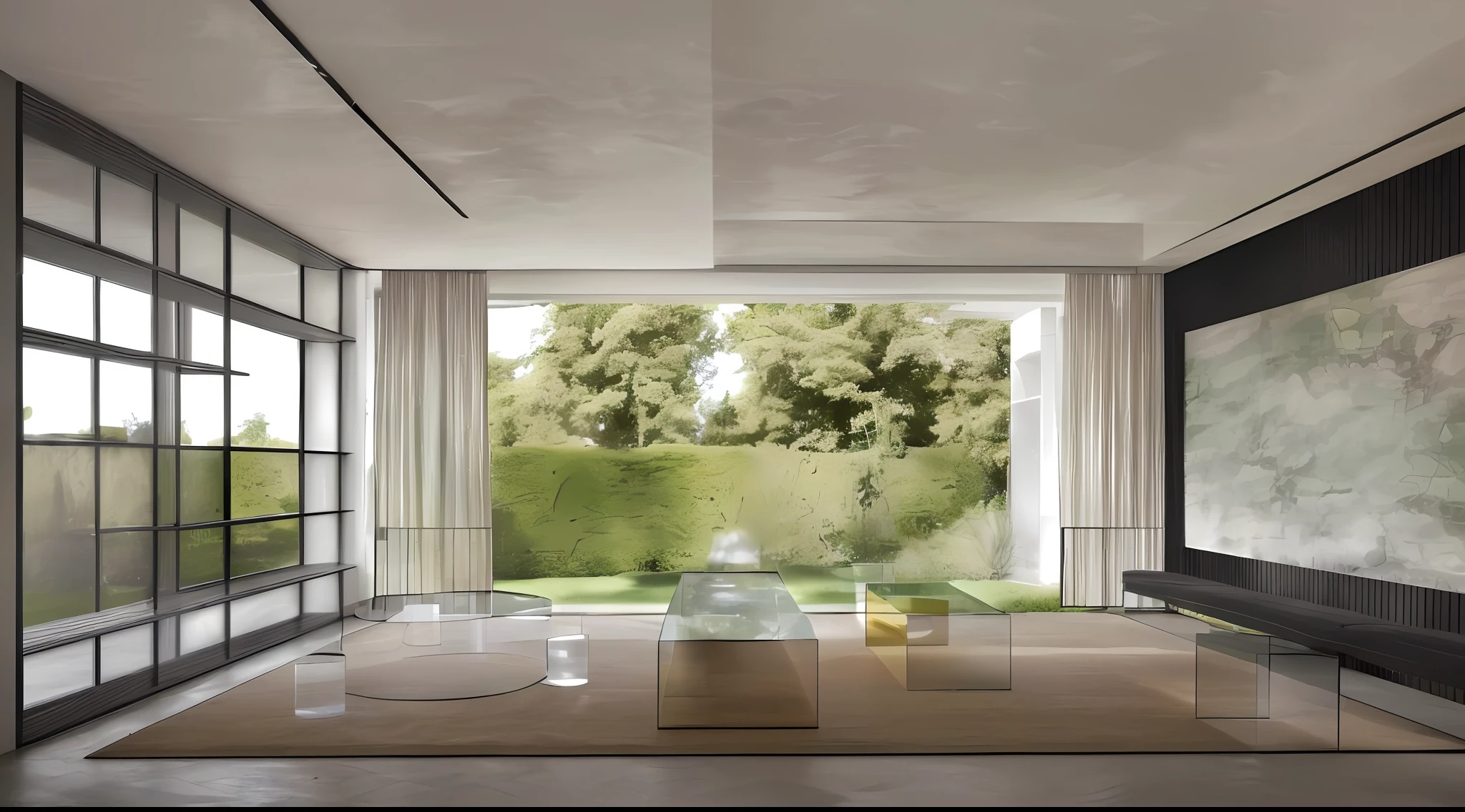 Modernist living room space, modernist master design style, photorealistic effect, warm light, natural light, branded sofa