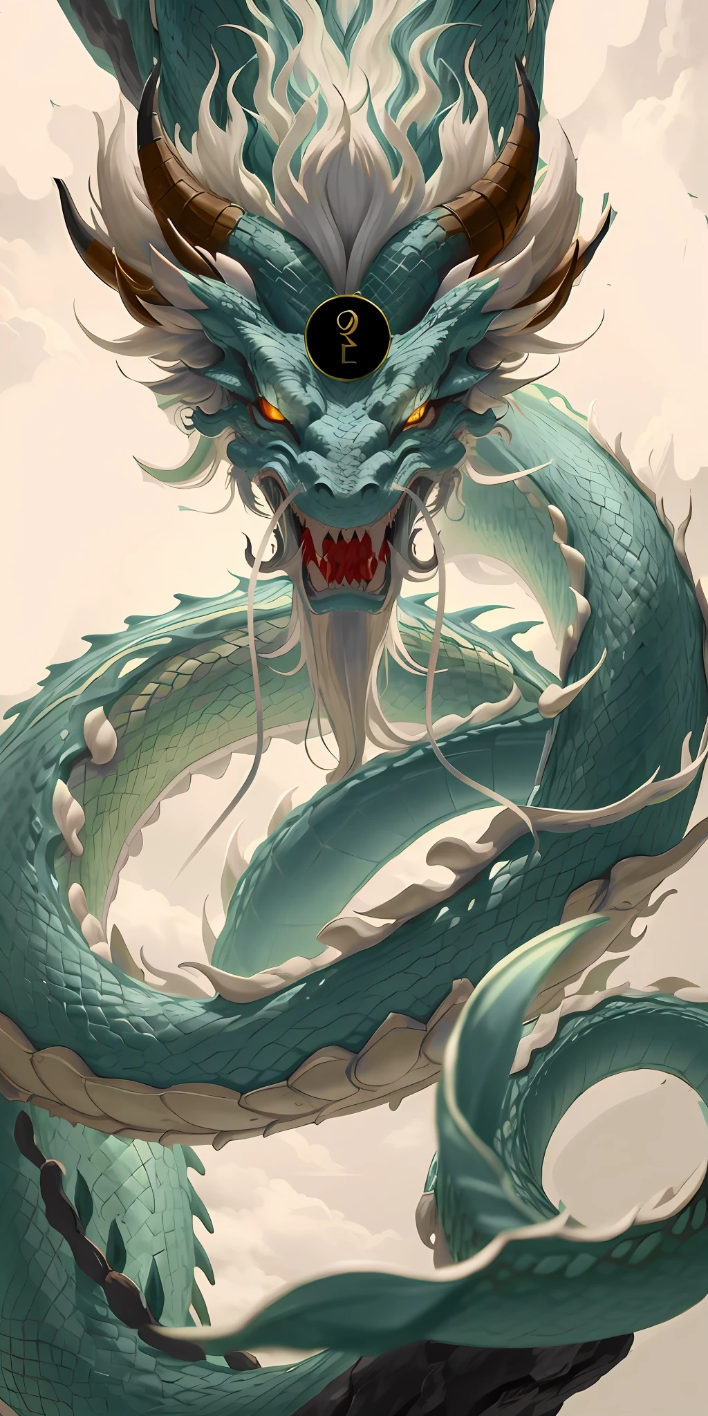 chinese dragon concept art, cyan chinese dragon fantasy, smooth chinese dragon, majestic japanese dragon, dragon art, lung dragon, loong, green dragon, black horn, facing forward, looking at viewer, chinese dragon, white long beard, white hair, white fur, dragon fangs