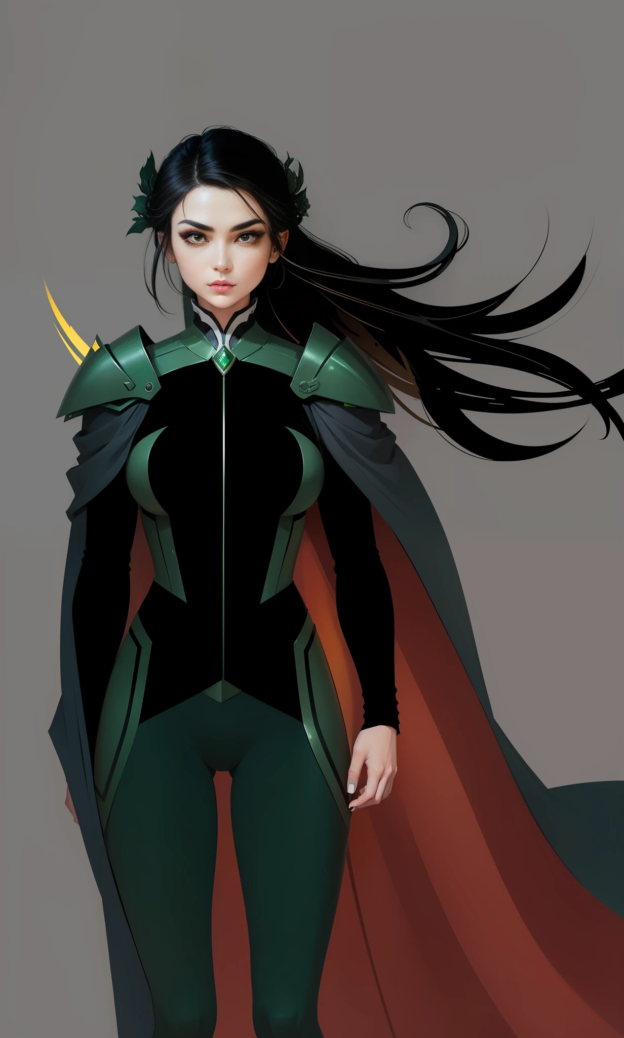 Add high-quality details to the drawing while maintaining a lot of fidelity to the original design, with a thick eyebrow and large eyes with the iris in yellow color, with traces of European woman on the face, and the green parts of the armor put matte metal texture while maintaining the color --auto --s2