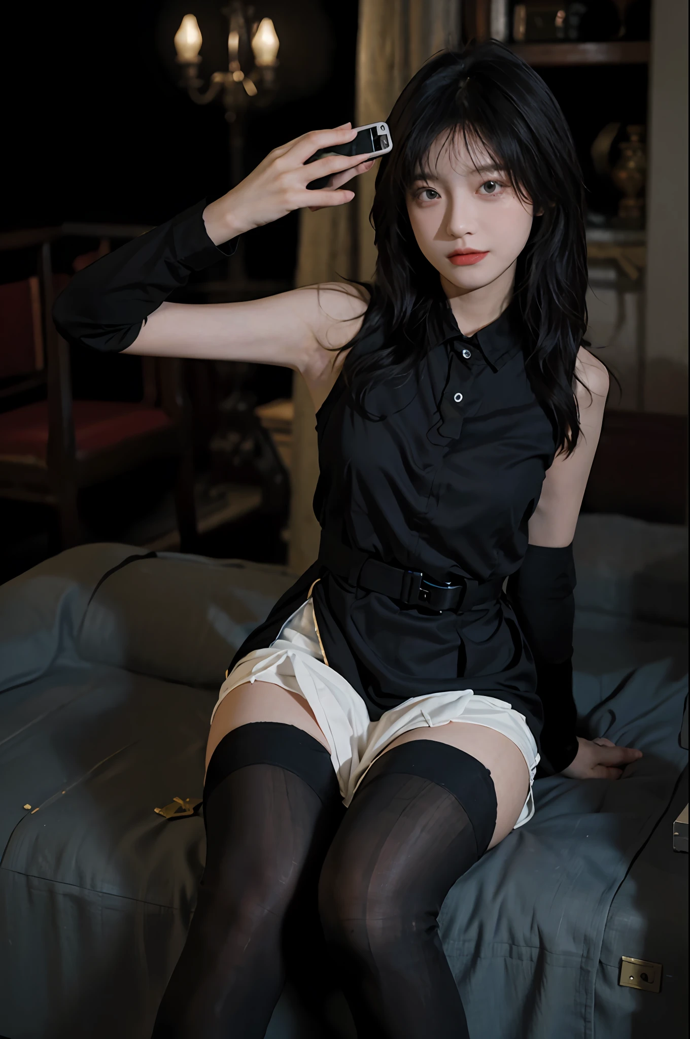 The best quality, masterpiece,.. Night, City ,.. 1 girl,. (True skin texture: 1.3), .close-up,.facial focus,.full body,.selfie,.. Black stockings, dress