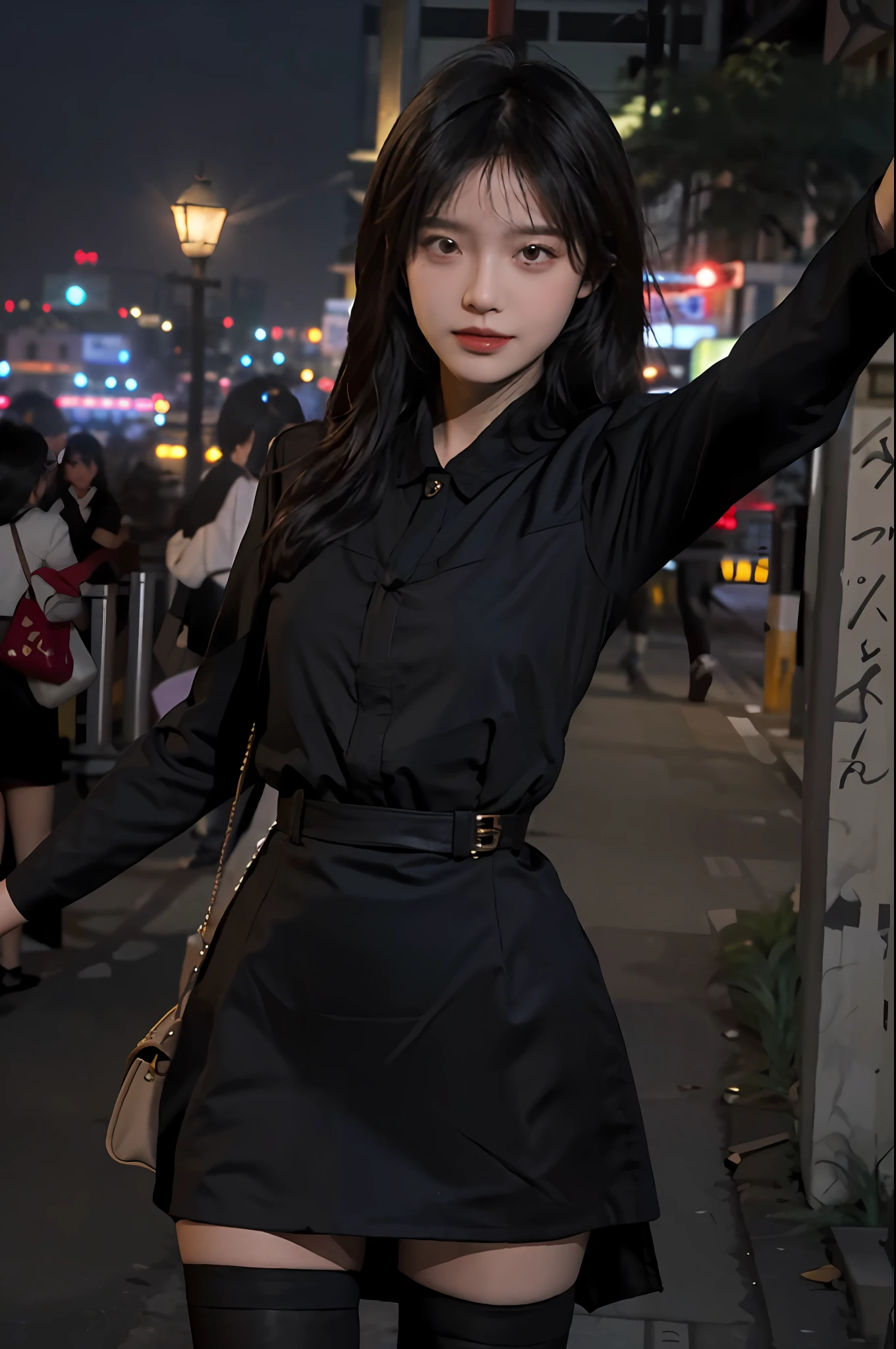 The best quality, masterpiece,.. Night, City ,.. 1 girl,. (True skin texture: 1.3), .close-up,.facial focus,.full body,.selfie,.. Black stockings, dress