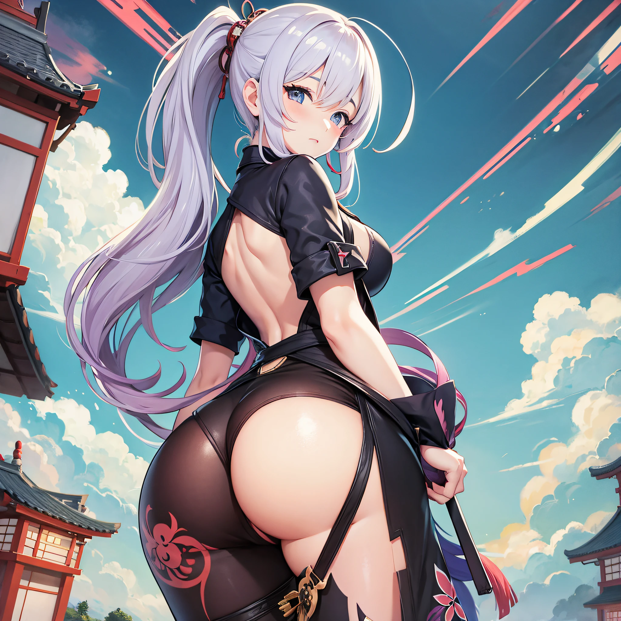 Japan anime style. Game characters. Woman. Rear view. Protruding buttocks. --auto --s2