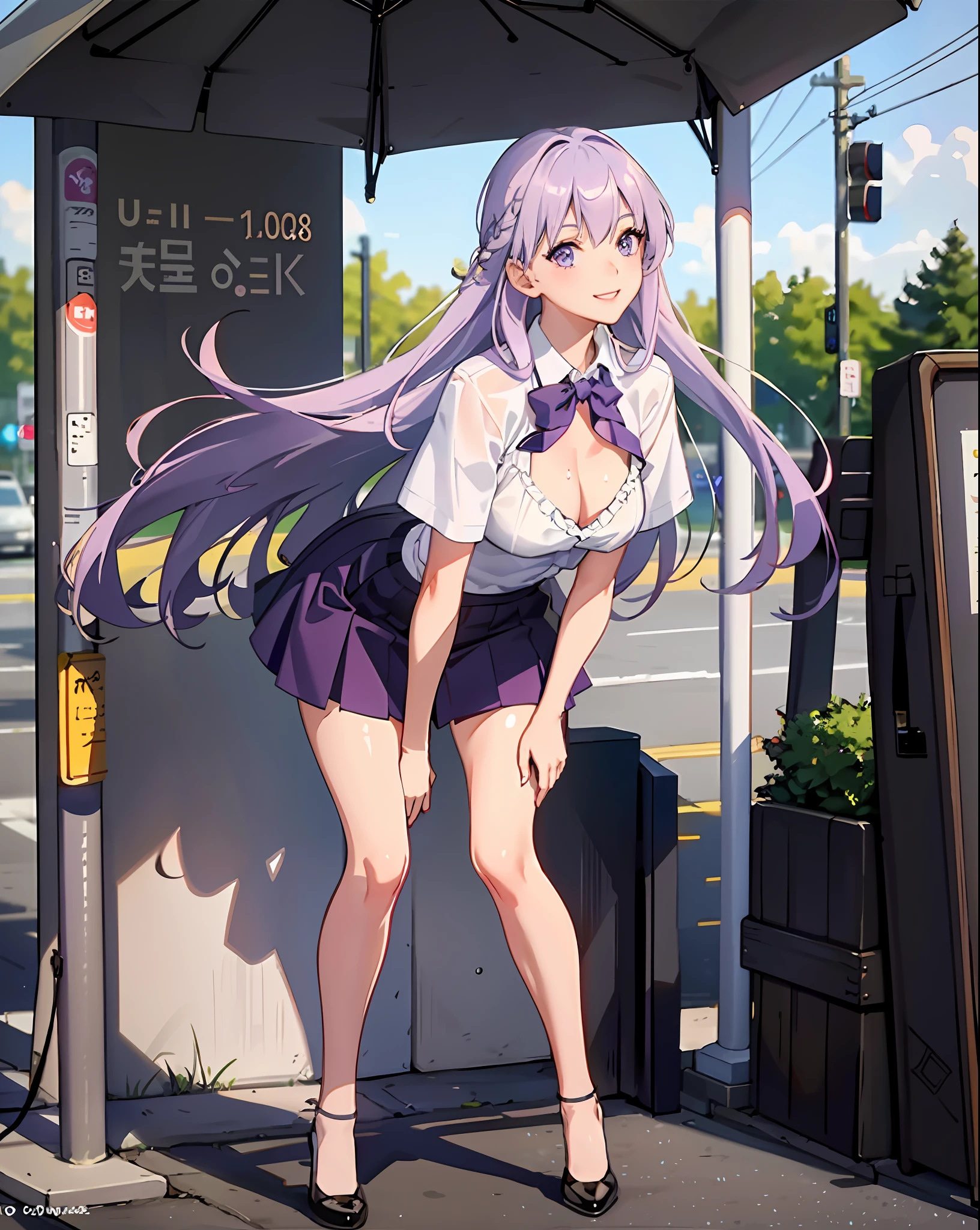(Masterpiece, best quality, very detailed CG, beautiful detailed eyes, ultra-detailed, intricate details: 1.2), 8k wallpapers, exquisite features, (1girl, Solo: 1.4), (Realistic texture: 0.8), High resolution, Cute, (vivid colors, dynamic lighting: 1.0), (High contrast: 0.8), (lens hair, light purple hair: 1.3), (medium breast: 1.4), (cum on breast: 1.0), (medium scene: 1.2), cum in hair, hakama short skirt, tear, pantyhose, printed bra, open skirt, (crazy smile: 1.0), (wet skirt: 0.5), (shirt pull: 0.5), battle stance, projection illustration, (bus stop: 1.6) , :<, Back Focus, (Skirt: 1.4), (Unfastened: 1.1), (Clothes, Smile: 0.9), Deep Throat, (Spanking: 1.4), (NSFW: 1.15), Confident Expression, (Full Body: 1.1),