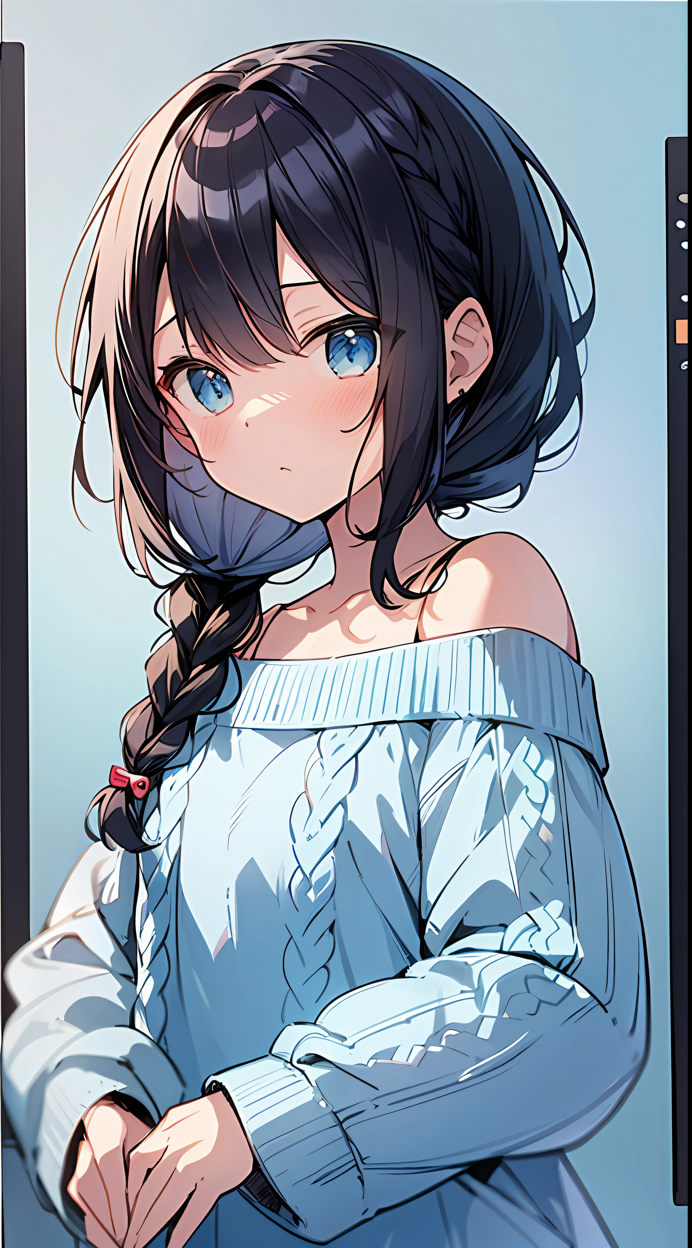 Top Quality, Masterpiece, Ultra High Resolution, 8K, Light Blue Sweater, Anime Style Little Loli, Single, Ultra Detailed Line Art, Digital Enhancement, Anime Core, Flowing Fabric, Close Up, Hair Length to Shoulder and Short Braid, Staring Straight At You, Soft Drawing, Beautiful Black Hair, Looks Really Weak, Crisp Eyes