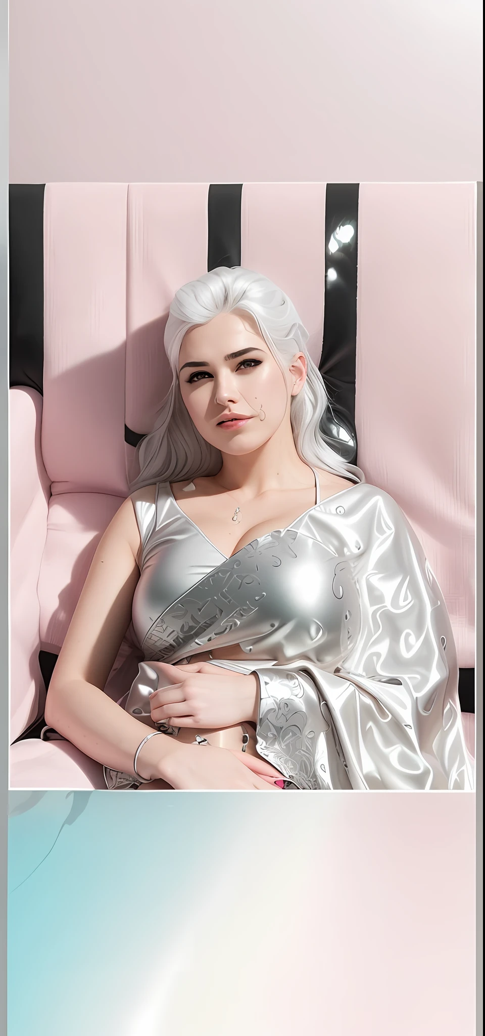 Simple background, lying down, silver hair, navel, gal, black bikini, micro bikini, blush, angry face, erect areola, (pale skin: 1.1), huge breasts, shiny wet body