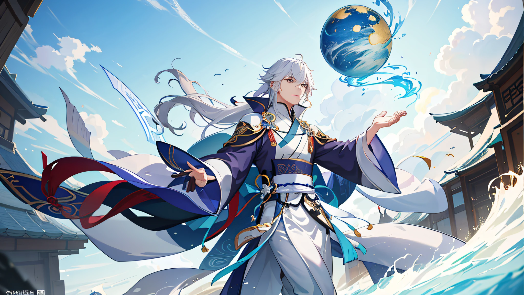 A man in a robe flying in the air, authors: Yang J, Kurose Jin Yao, Qu Leilei, Li Zixin, Zhongli, from "Genshin Impact", Yang Qi, Chen Zhenxian, Wu Baiyard, 2.5D CGI anime fantasy work, inspired by Shen Zhou, Xian Xia Fantasy, Keqing in "Genshin Impact" --v 6