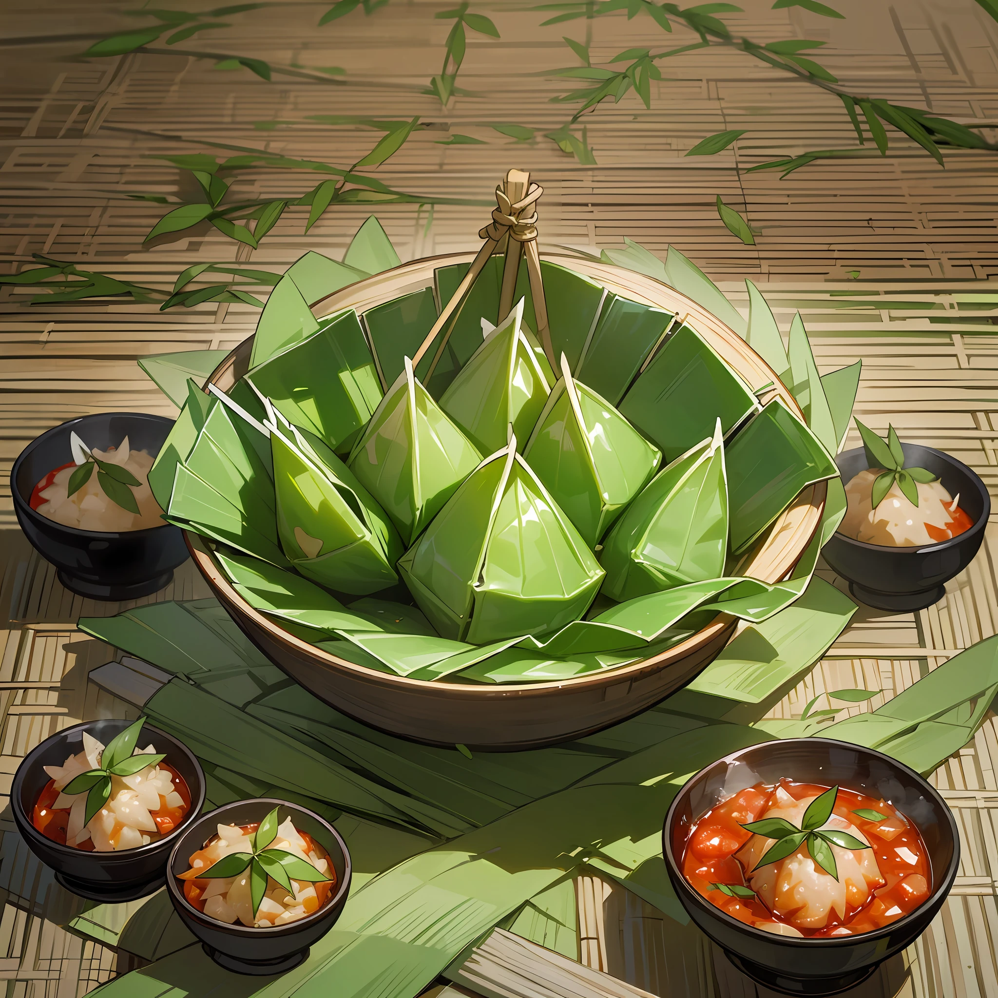 Chinese triangles food poster, (triangles food), (Wrapped glutinous rice with green leaves triangular Zongzi),Food steamer made of bamboo,Express the relationship between objects,Triangular composition,Bright green hue --niji 5