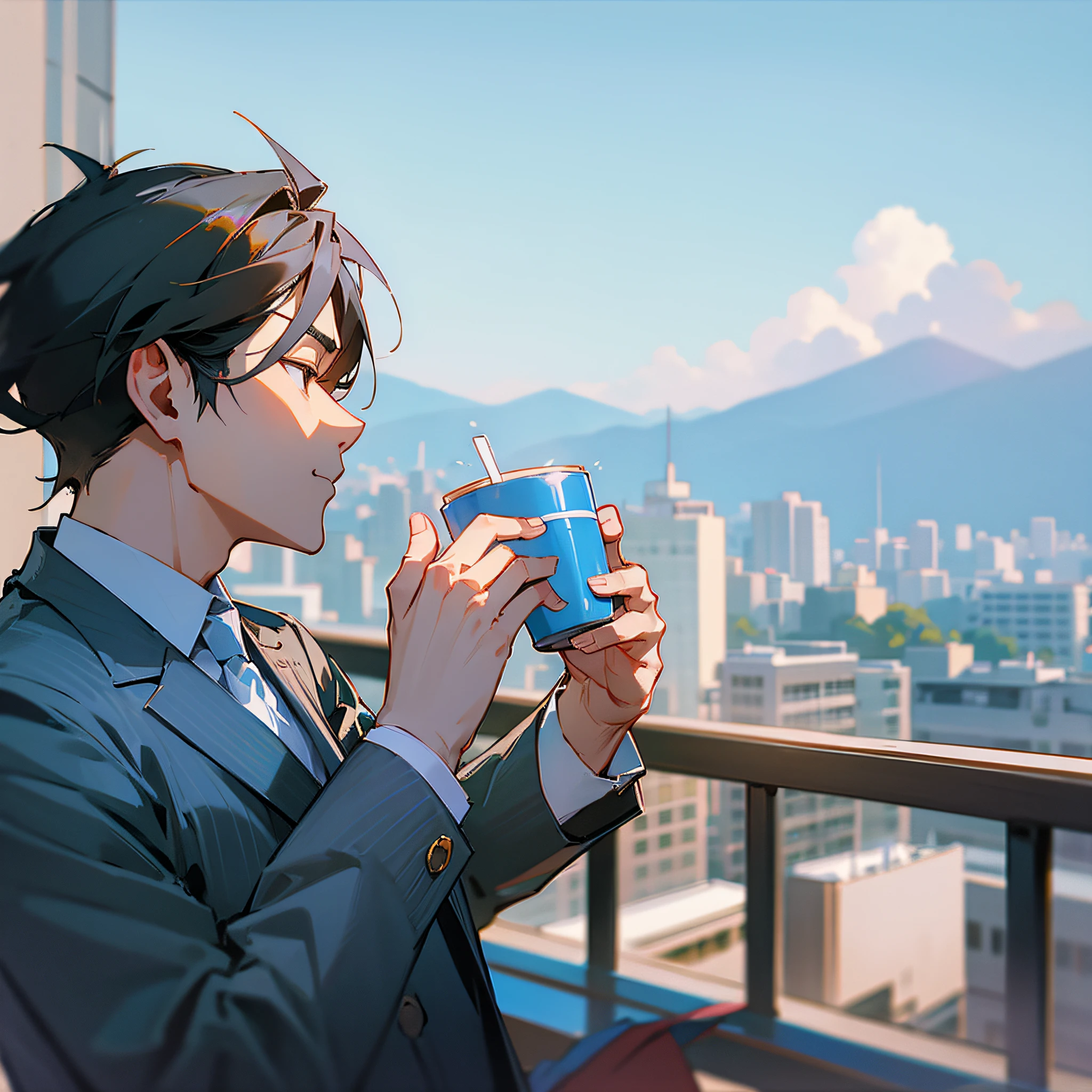 Asian business type male, terrace view, drinking coffee, beautiful background, sunny, shooting angle free, dynamic or static posture. --auto --s2