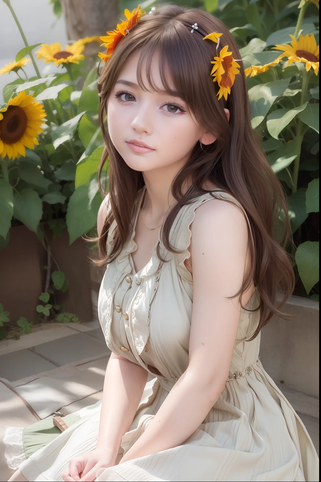 ((Best Quality:1.2, 8k, photo realistic:1.4, Masterpiece, shiny sun Lighting, Ultimate pretty Girl, Highly Detailed beautiful Textures, detailed beauty makeup, realistic skin, detailed eyes, detailed bangs)),5yo,(sunflower background), ((white Fit and flare dress )), (hair ornament), (great smiling), (detailed brilliant brown and silver two-tone wavy medium hair), ((baby face)), (head tilt), sit, looking back ,( wind)