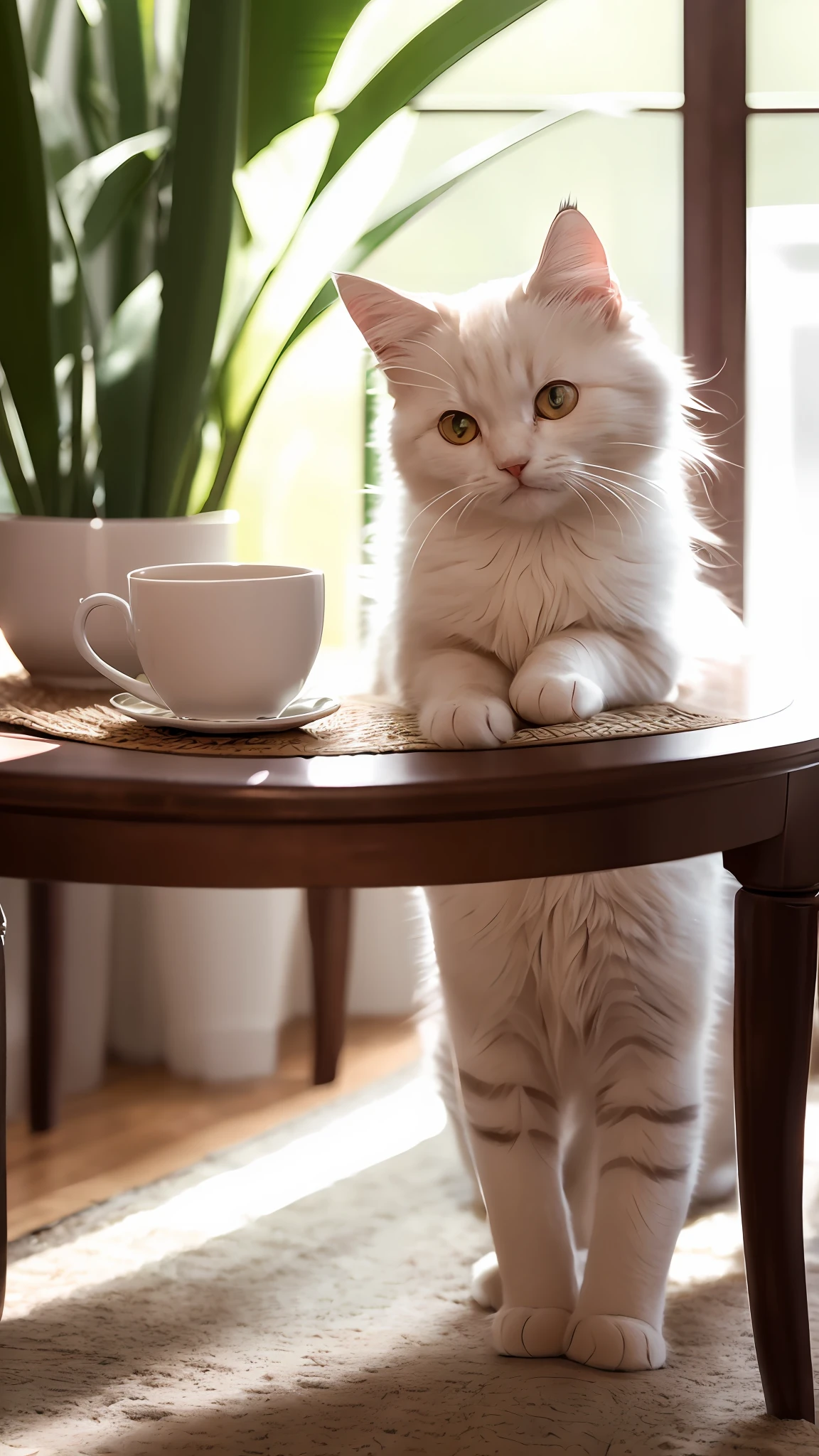 Cat, (Himalayan), (Small)))), in a teacup, Face, Front paws out, 8K, Professional photo, Delicate, Clear, On the table, Inside the house, Sunshine, Light Leak, Masterpiece, ((Pretty))), Fashionable Teacup, (Reality), Plush Toy, Round Pupils