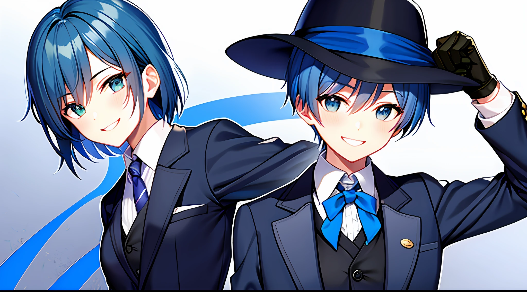 boyish girl, butler, gloves, cool smile, blue hair, suit