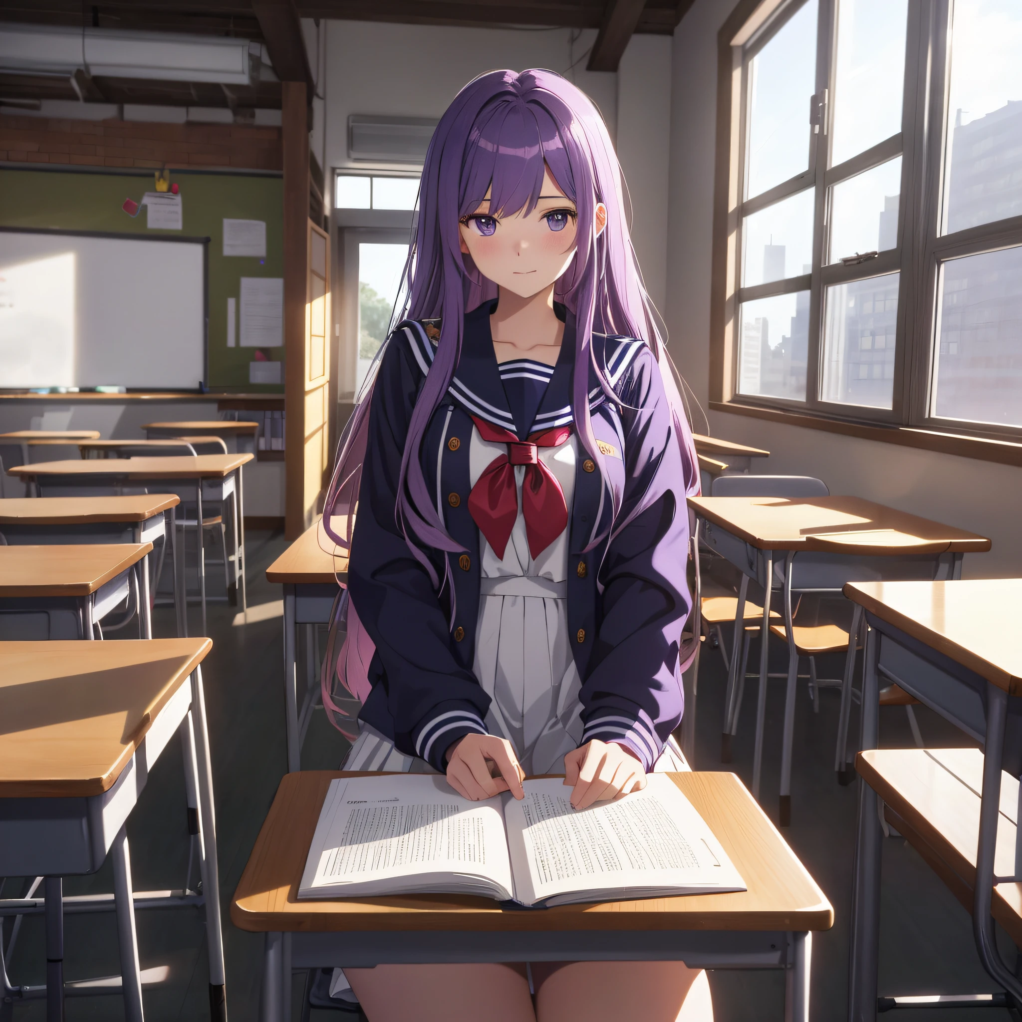 An eighteen-year-old young woman with long purple hair in a sailor suit sits in a classroom (school 1.5 in the background) (expression serious, cold 1.5) (best quality: 1.1) (masterpiece: 1.3) with an unparalleled masterpiece, surreal 8K, perfect artwork, super detail, best quality, masterpiece 4K wallpaper aesthetics, masterpiece, award-winning artwork, official art, cinematic lighting