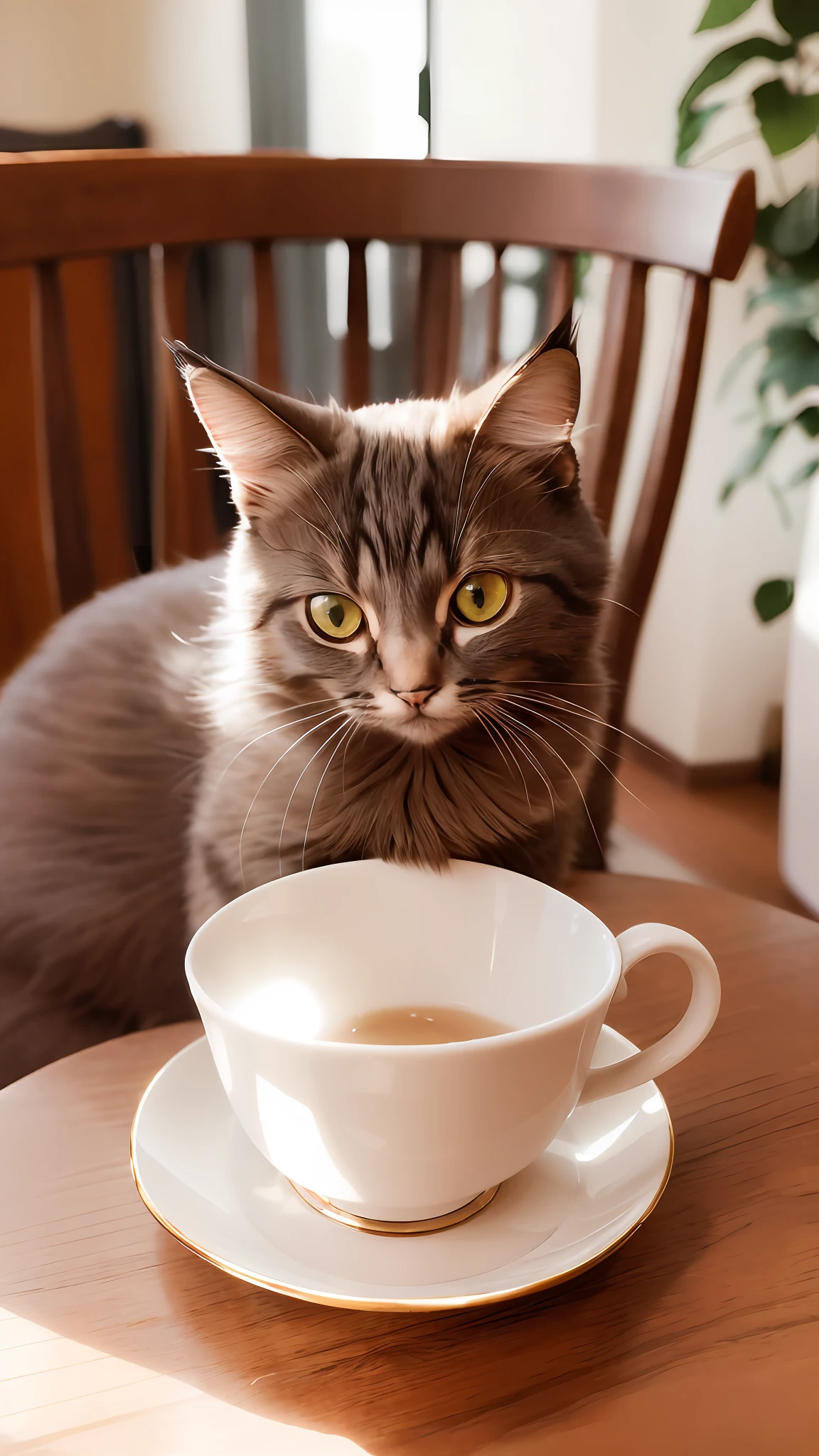 Cat, (Himalayan), (Small)))), in a teacup, Face, Front paws out, 8K, Professional photo, Delicate, Clear, On the table, Inside the house, Sunshine, Light Leak, Masterpiece, ((Pretty))), Fashionable Teacup, (Reality), Plush Toy, Round Pupils