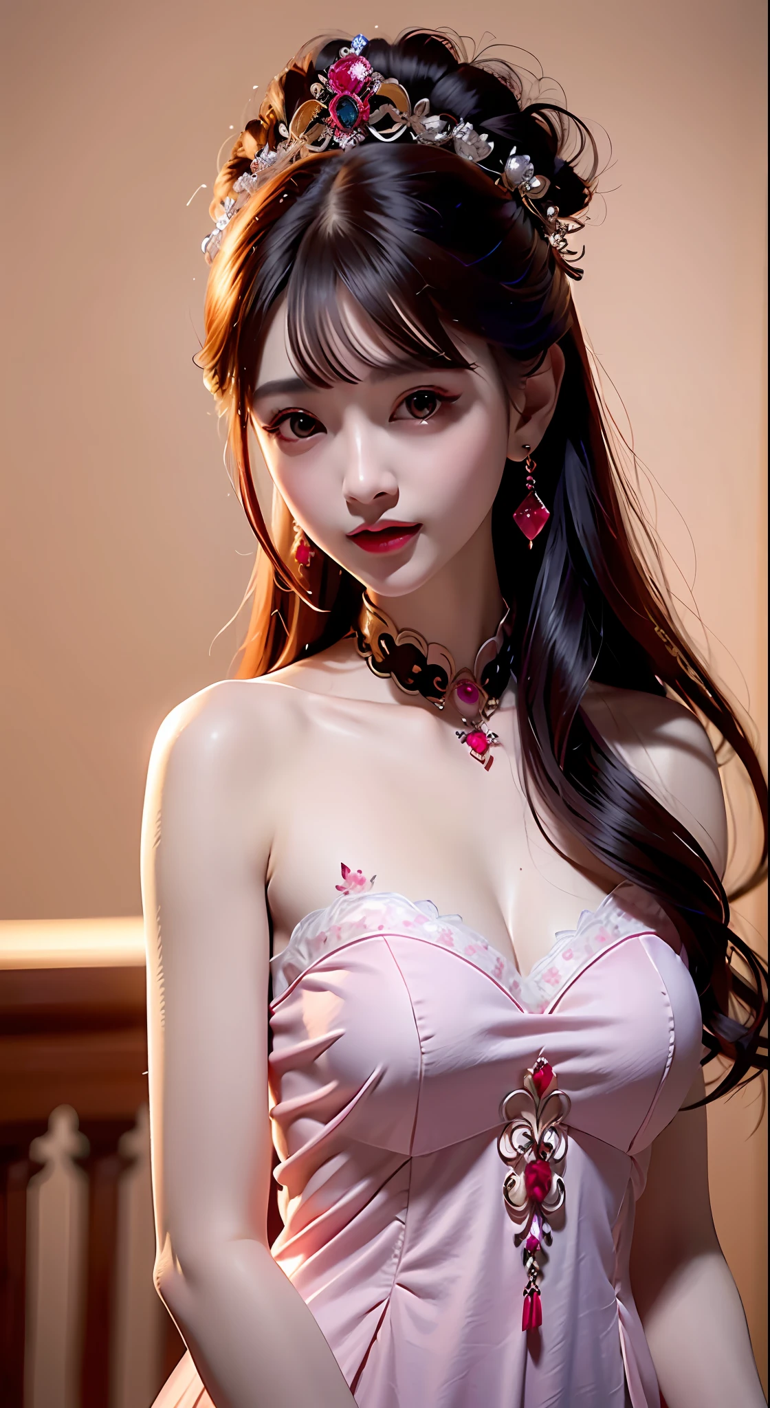 1 young empress wearing red lace top, deep-breasted nightgown, Chinese-style clothes, ancient costumes with many phoenix patterns, flawless white and pink face, crown on her head, black hair hip length, beautiful and sharp brown eyes, small red lips, lipstick lipstick, earrings, white and even teeth, high nose, big round breasts, long slender legs, thin mesh black socks, portrait, most realistic, highest quality, best pixel, 8k ultra,