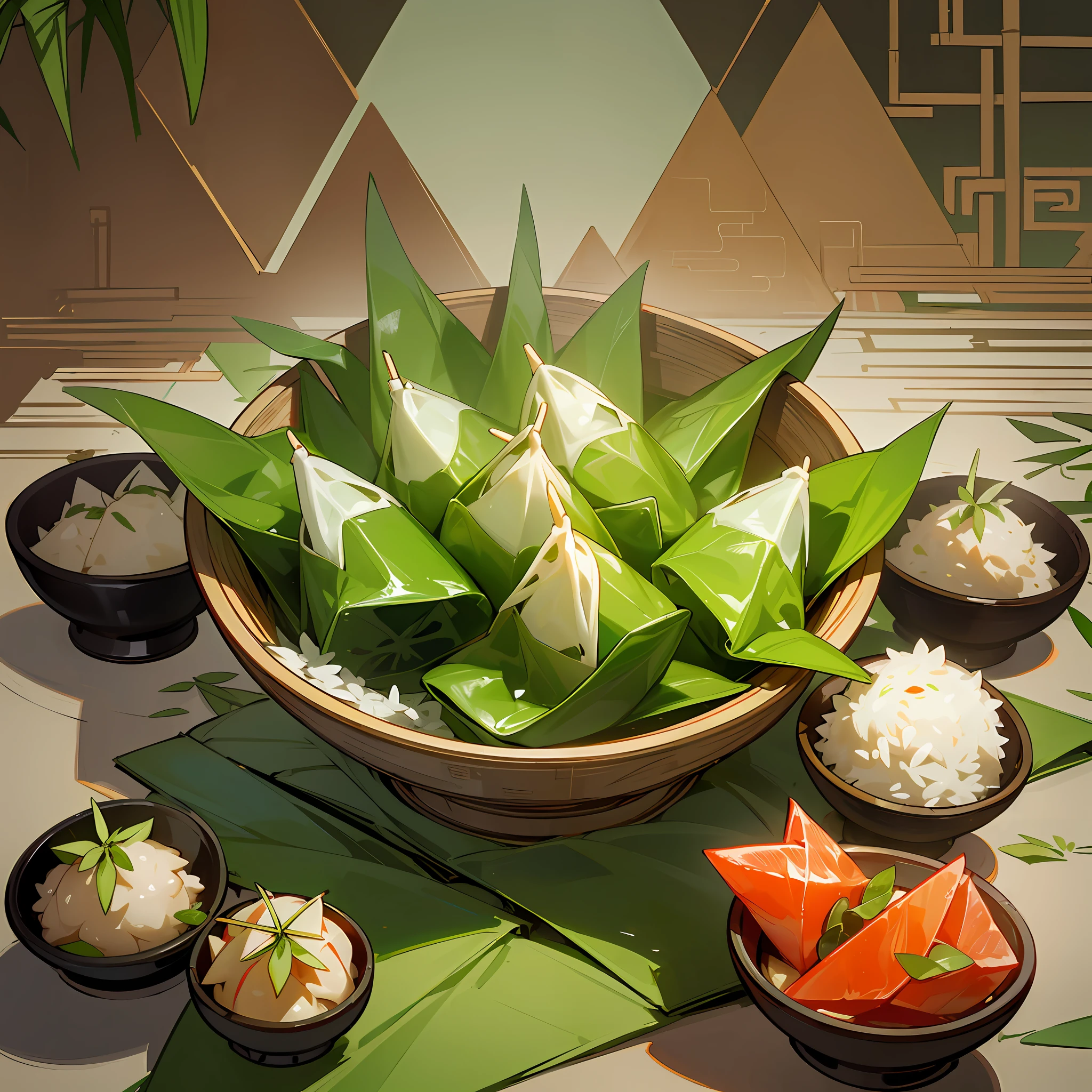 Chinese triangles food poster,  (triangles food), (Wrapped glutinous rice with green leaves triangular Zongzi),Food steamer made of bamboo,Express the relationship between objects,Triangular composition,Bright green hue --niji 5