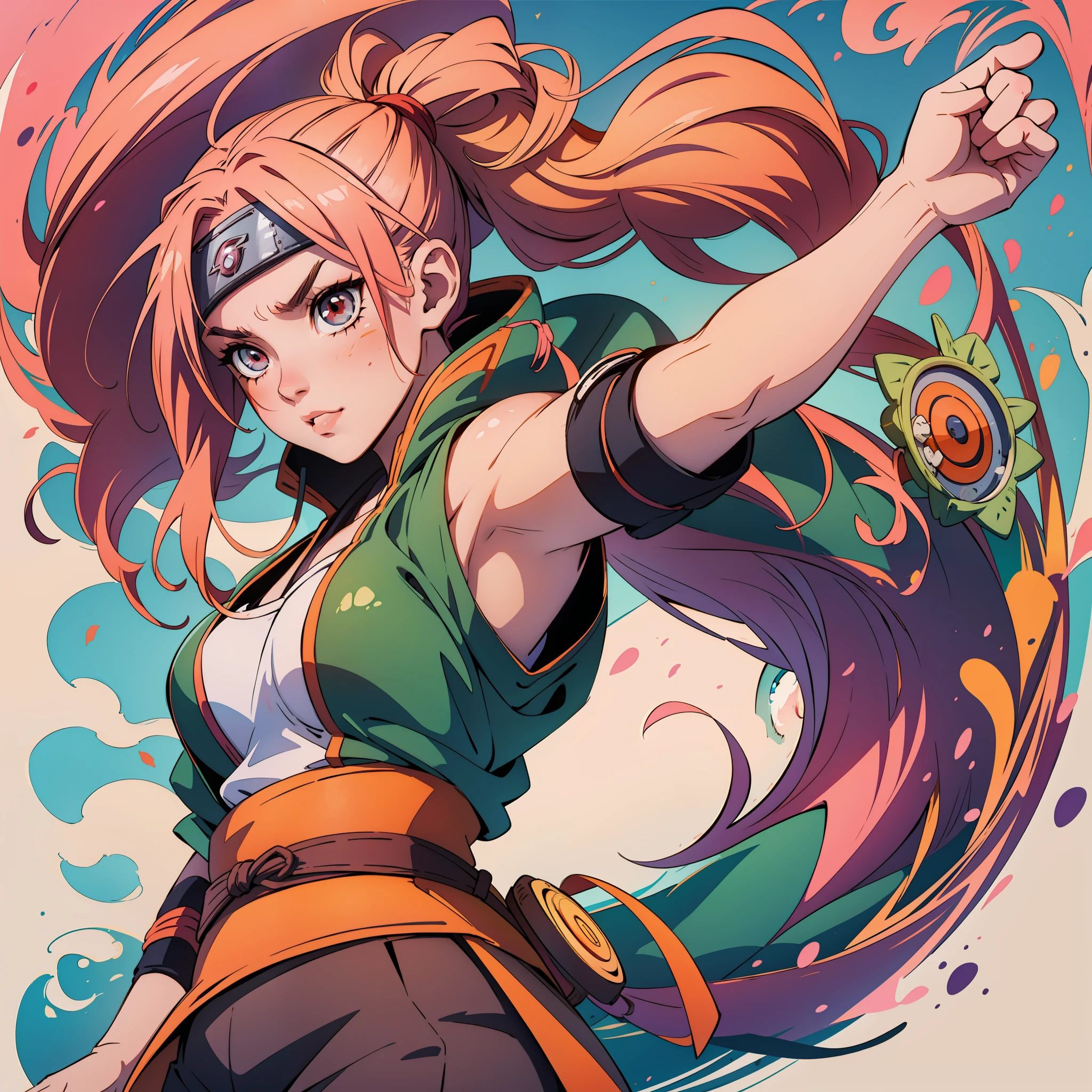 Sakura, a beautiful girl from the Naruto TV series, naruto-style, uses her jutsu, heroic pose, fights, bright colors, Kanoha village, super detail