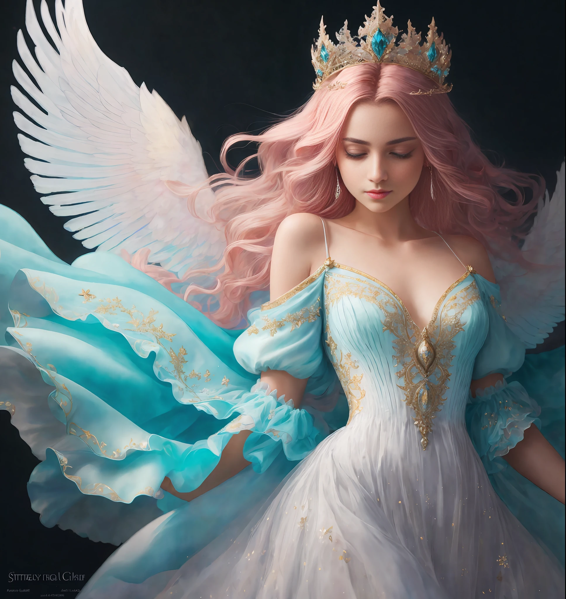 a photography, HD,, photo, woman, beautiful dress ornate, in the style of stefan kostic, realistic, half body shot, sharp focus, 8 k high definition, insanely detailed, intricate, elegant, art by stanley lau and artgerm, extreme blur flames background, Princess girl with wing, Blue, Pastel, glitter, dramatic, dreamy, pastel, Watercolor, Whimsical, Delicate, seashell crown, Trending on Artstation, Highly detailed, Intricate, Portrait, digital painting, Fantasy theme, Fantasy robes, Fantasy concept art, Fantasy character art, Smug, Teenage girl, perfect body, full body, dreamy, pastel, Watercolor, Whimsical, Delicate, seashell crown masterpiece, 8k, perfect lighting, , adult, female, cowboy shot, looking at viewer, cinematic lighting, Fawn