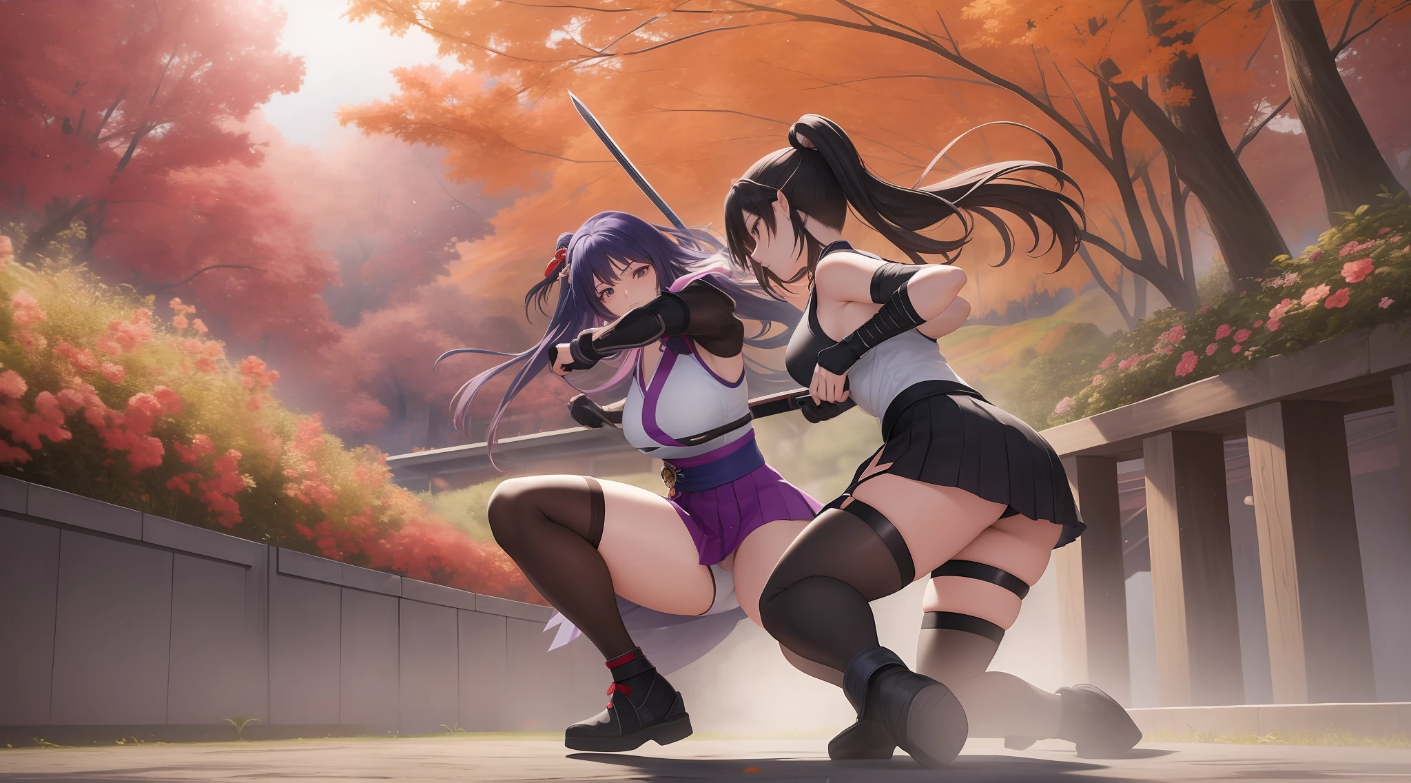 Full body shot from head to feet, two female character from Dead or Alive. A thrilling and intense masterpiece depicting a deadly duel between Kasumi and Ayane, both expert swordswomen, with the fight reaching a climactic moment of truth. The dynamic action capture the moment as Ayane takes a lethal blow and succumbs to her injuries, leaving Kasumi as the sole victor in this high-stakes battle. Kasumi have loose brown long hair. Ayane have loose deep purple long hair. Kasumi wear sleeveless kimono, obi tied on the back hip, black long gloves, short skirt, and black thigh highs. Ayane wear sleeveless kimono, obi tied on the back hip, black long gloves, short skirt, and black thigh highs. Backgroud set on lush forest, with no effect.