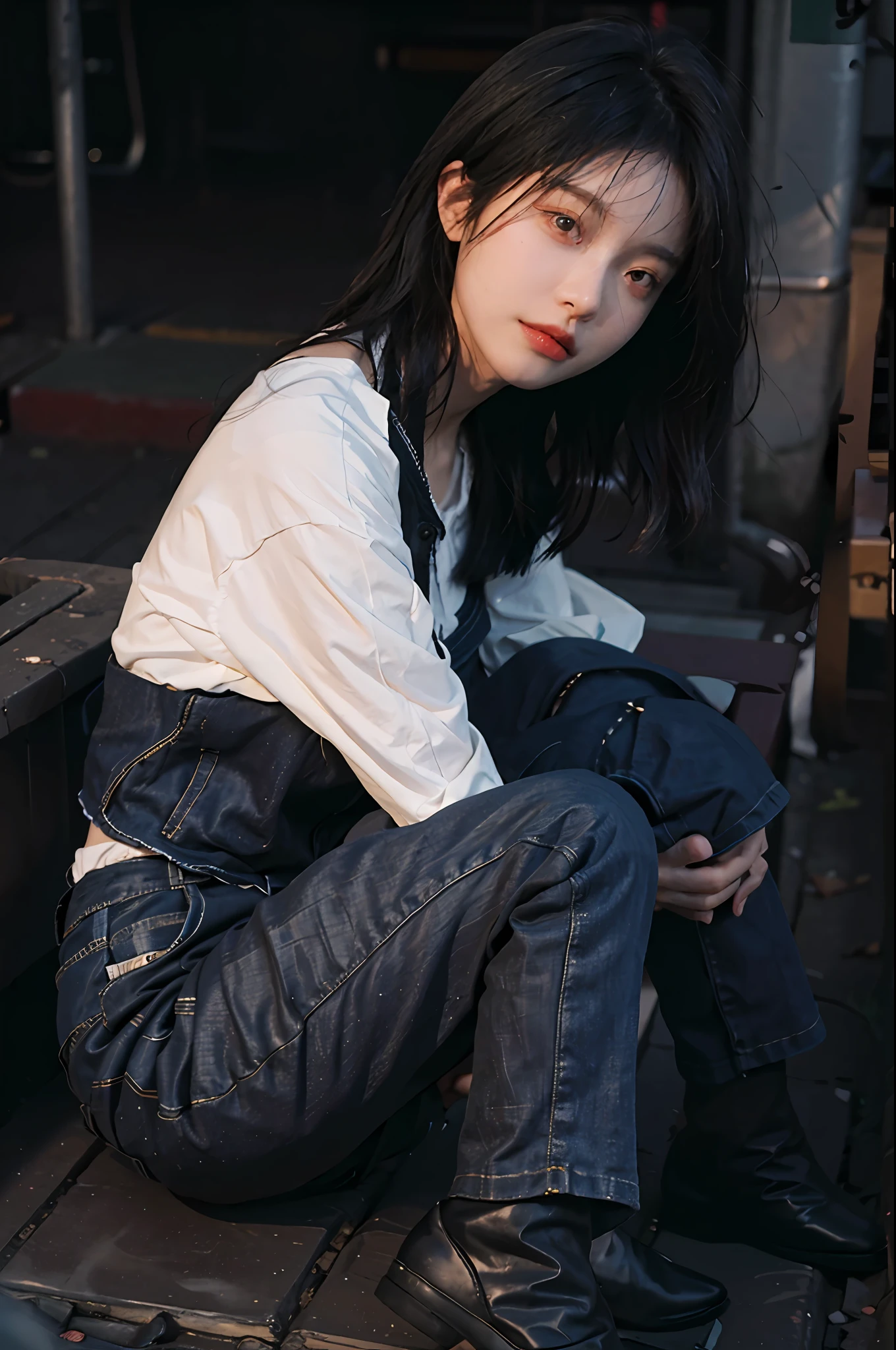 The best quality, masterpiece,.. Night, City ,.. 1 girl,. (Real skin type: 1.3), close-up, face focus, full body, selfie,.. Black stockings, bandeau top, jeans at the bottom