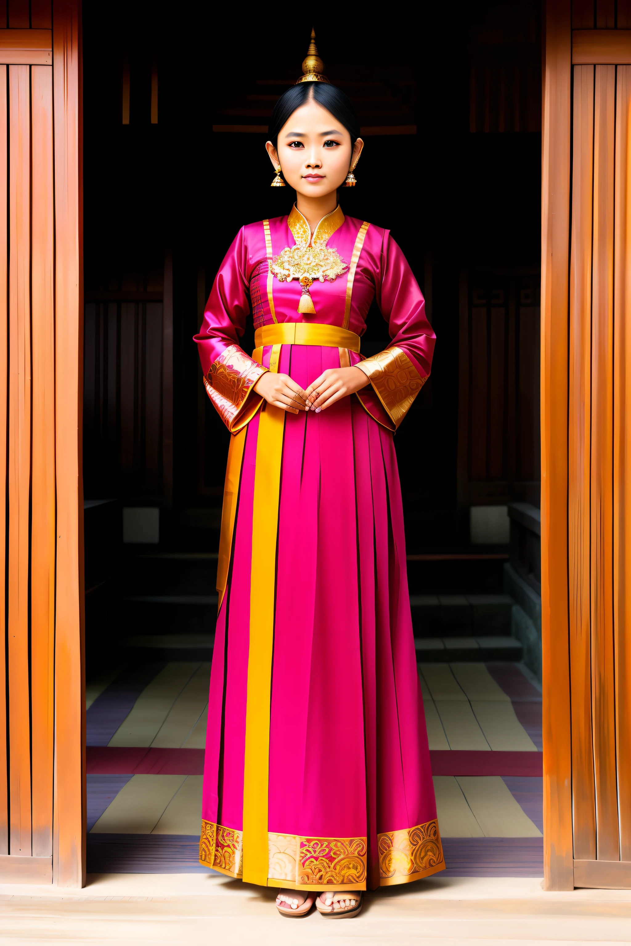 Burmese traditional dress,Full Details, Texture, Realistic, Realistic,Burmese Bagan,Pagoda,