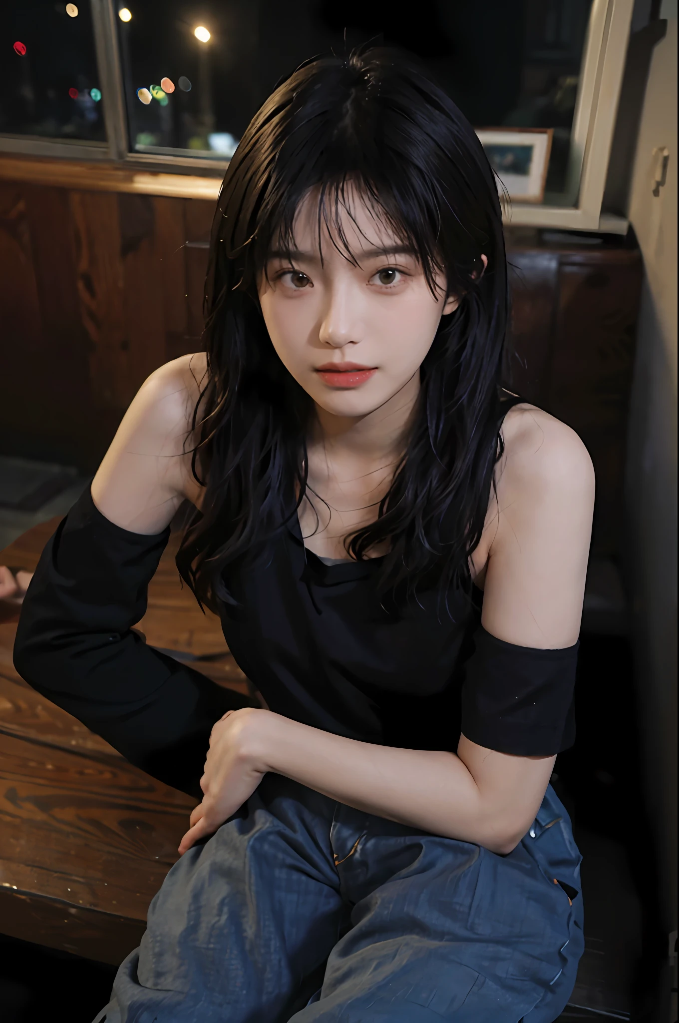 The best quality, masterpiece,.. Night, City ,.. 1 girl,. (Real skin type: 1.3), close-up, face focus, full body, selfie,.. Black stockings, bandeau top, jeans at the bottom