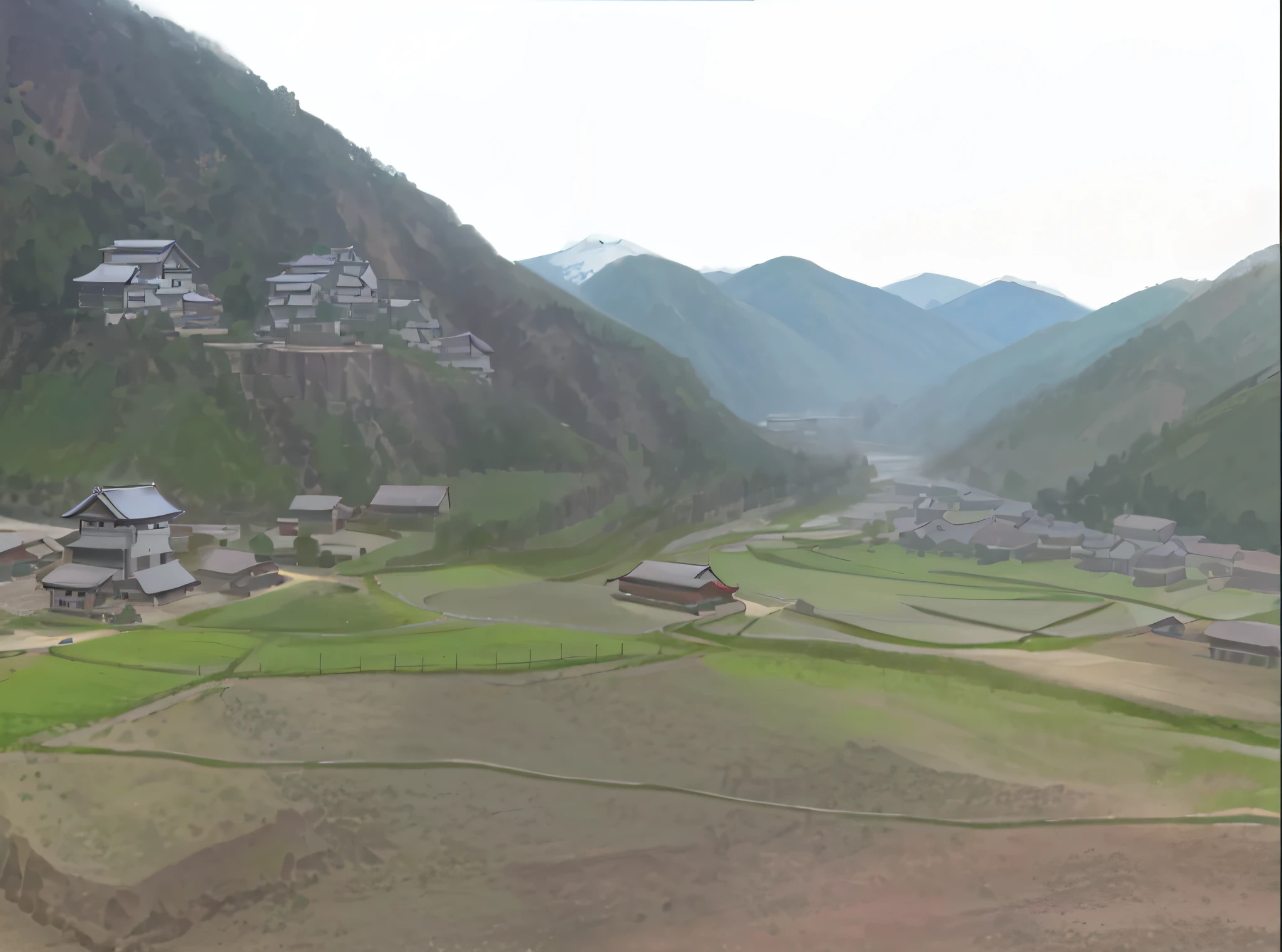 there is a view of a valley with a mountain in the background, korean countryside, japense village in background, karst landscape ; wide shot, village, chinese village, rural japan, view of villages, mountainous area, village in the background, behind a tiny village, wide view of a farm, fields in foreground, scenic full shot, mountain valley to factory