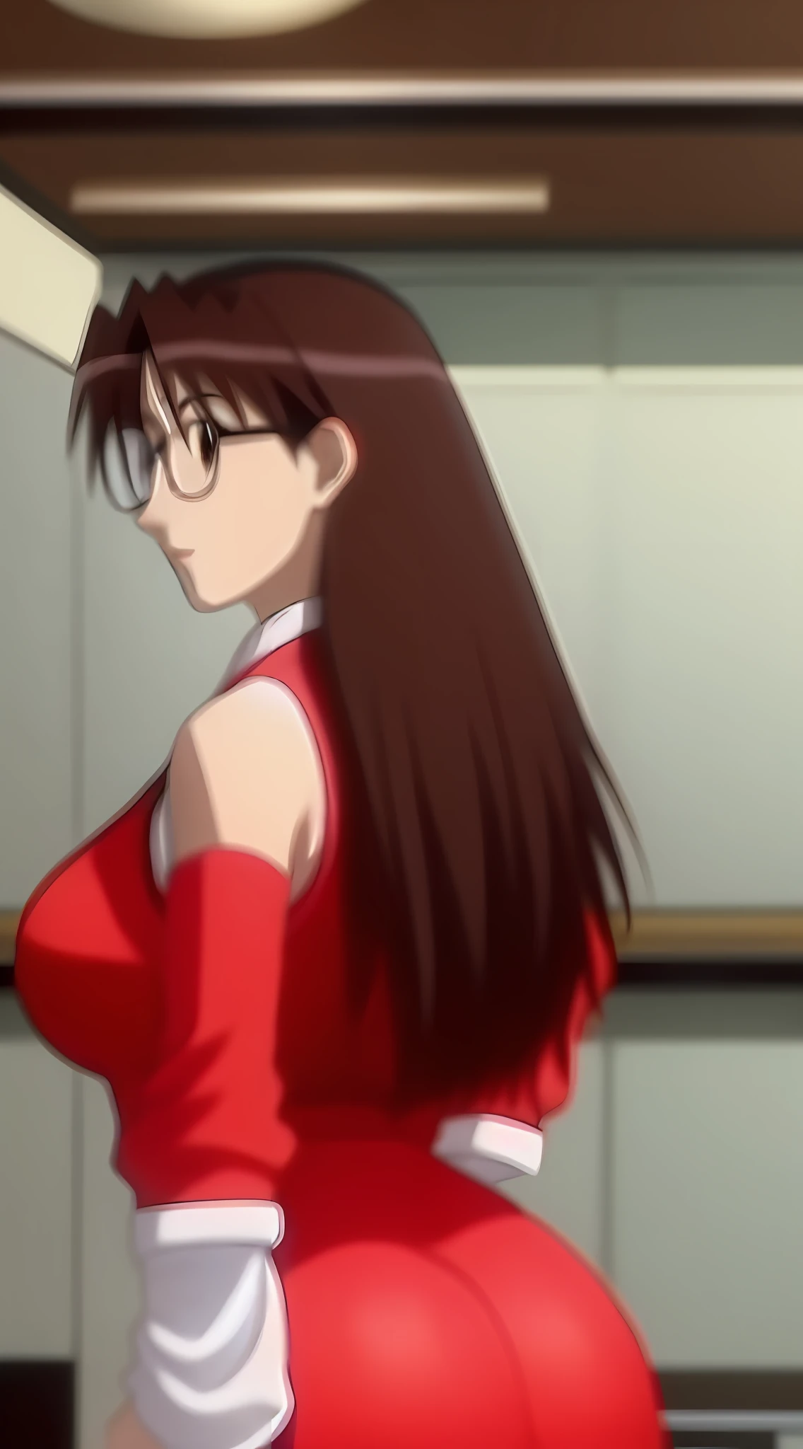 Koyomi Mizuhara, brunette hair, glasses, erotic look, seductive face, big/huge breasts, full view ass, hourglass figure, ass view of her butt