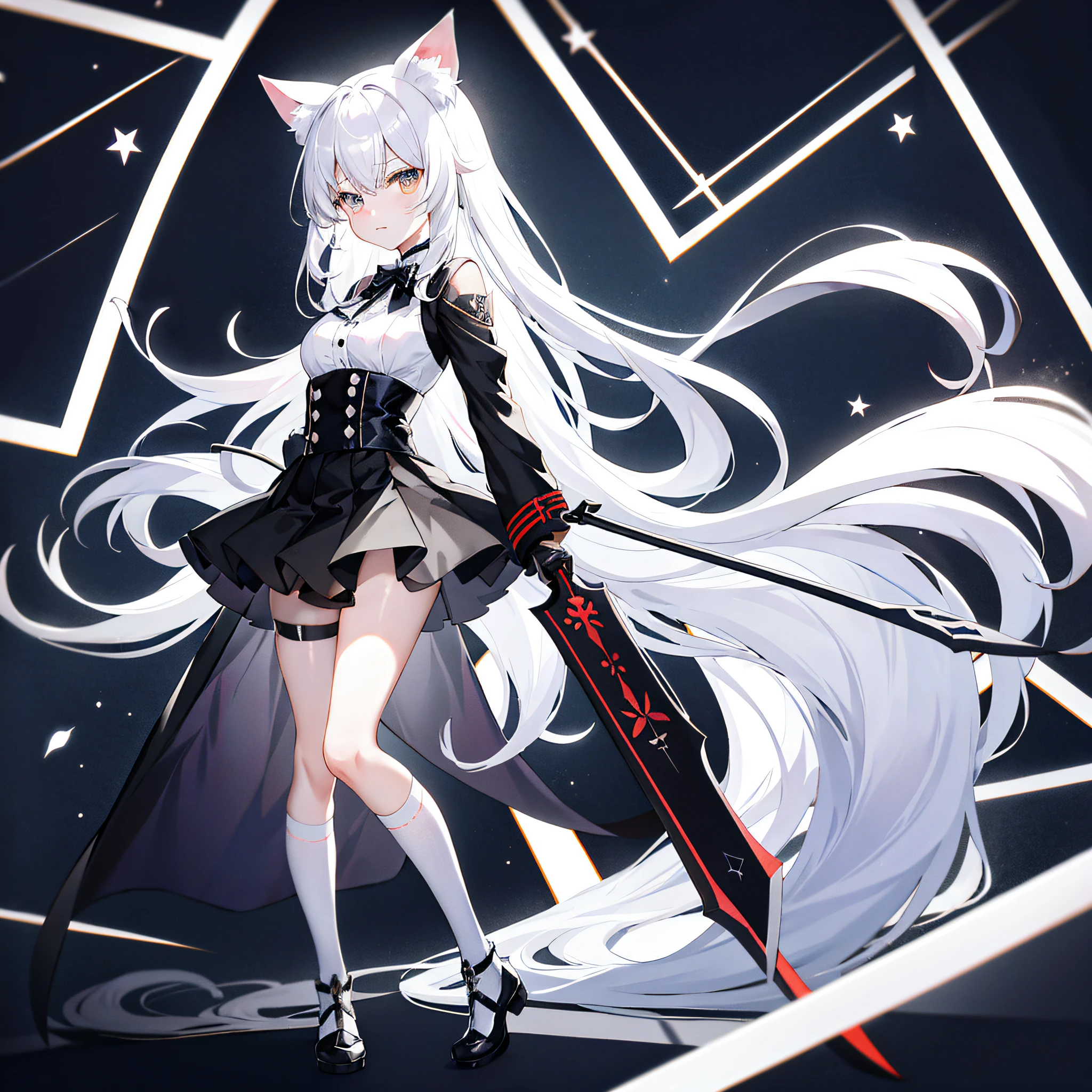 Anime characters dressed in black and white clothes with swords in Ark Knights, Girls Frontline Style, Girls Frontline, White Cat Girl, Cat-eared Anime Girl, Trending on Art Station pixiv, Neferpitou, Gwise at Pixiv Art Station, black and white clothes with swords in fine details. Girls Frontline, Cute Anime Cat Girl, Magic Uniform, Nyaruko-san Solo