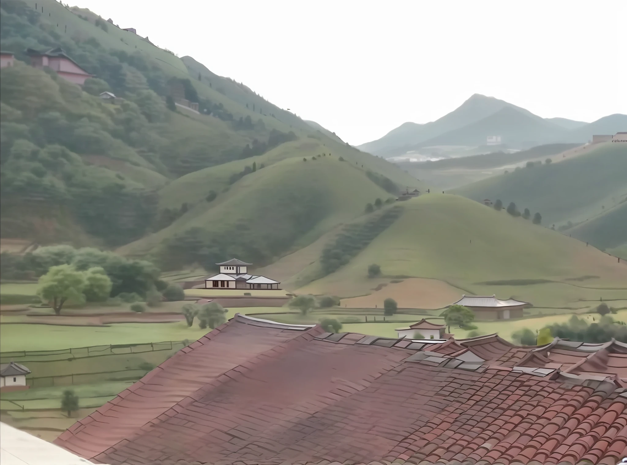 there is a bird that is sitting on a roof in the mountains, view of villages, village, chinese village, village in the background, old village in the distance, with village, behind a tiny village, low quality footage, video still, hills in the background, japense village in background, abandoned japaense village, footage, xianxia, guangjian