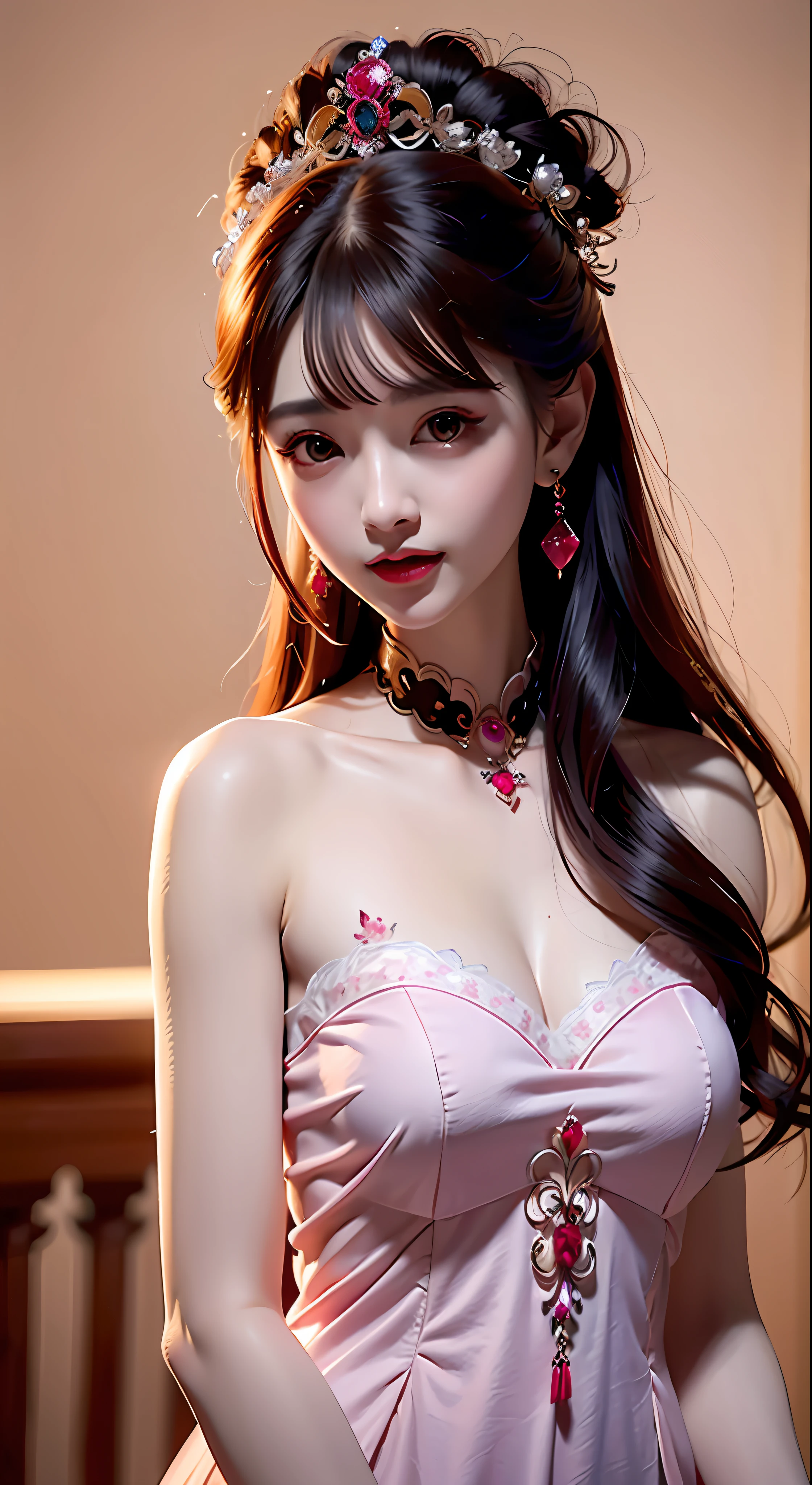 1 young empress wearing red lace top, deep-breasted nightgown, Chinese-style clothes, ancient costumes with many phoenix patterns, flawless white and pink face, crown on her head, black hair hip length, beautiful and sharp brown eyes, small red lips, lipstick lipstick, earrings, white and even teeth, high nose, big round breasts, long slender legs, thin mesh black socks, portrait, most realistic, highest quality, best pixel, 8k ultra,