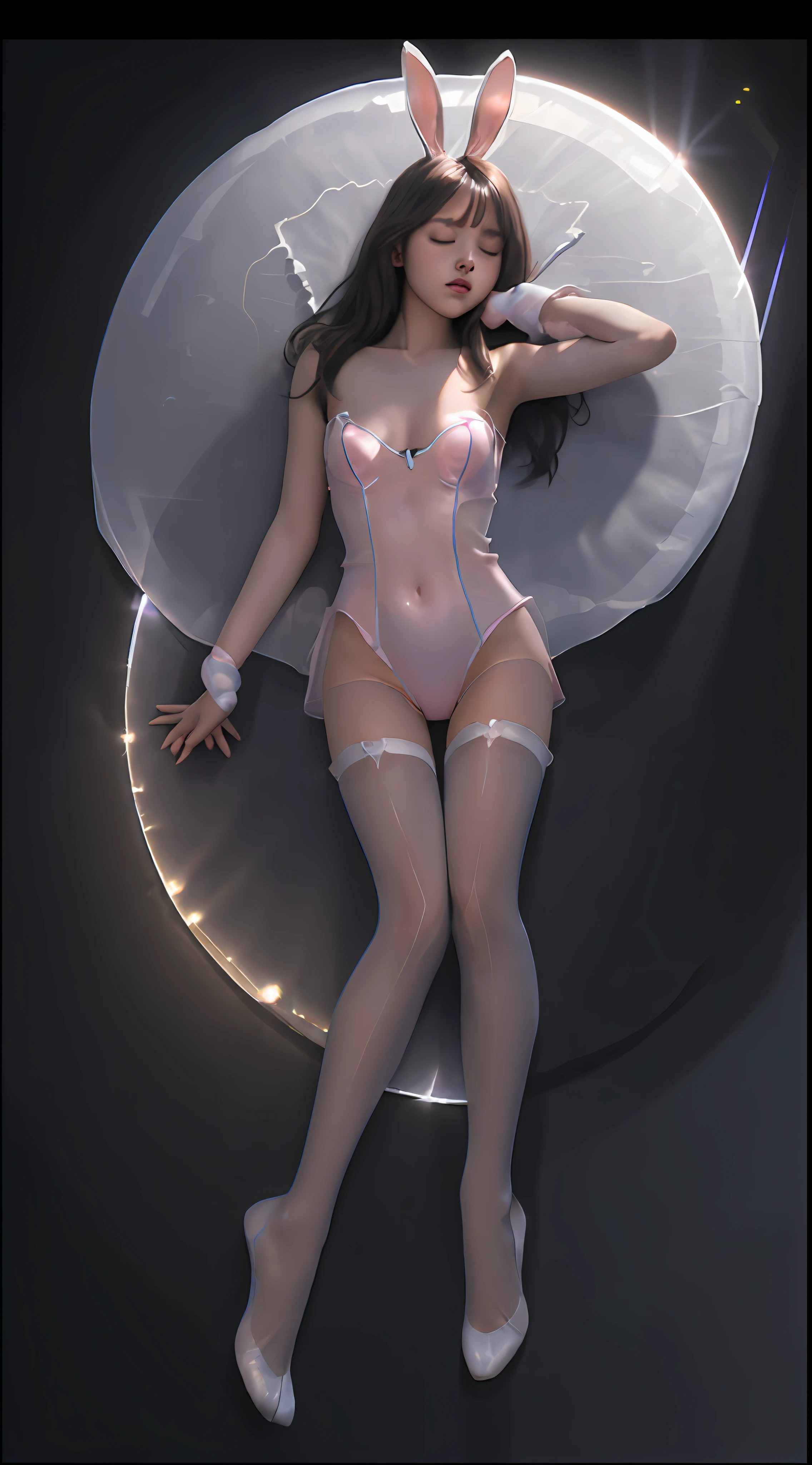Chu and beautiful proportions, masterpiece ( with a sensual look, without makeup), top quality, highly detailed CG uniform 8k wallpaper, light on the face, ((((without panties) (without bra)), (Strip theater in darkness on a circular stage (((Posing lying on your back))), sensual expression 15-year-old girlny girl costume))), (showing small breasts) (Multi-ray Spotlight), (Transparent Bunny Girl Costume)), illustration, very detailed, CG, Unification, 8k wallpaper, fantastic, fine details, masterpiece, top quality, highly detailed CG uniform 8k wallpaper, red light, movie lighting, 15.year old girl, (without panties)), ((Posing on your back)))), (camel toe) (( On a circular stage in a strip theater of darkness), (multi-ray laser light illumination), (pantyhose), (legs bending at the knees)) sensual expression with fingers biting sweetly), (without makeup) (transparent bunny girl costume) (pink lighting on the left side of the screen, dark areas with shadows on the right side, (((transparent bunny girl costume)) (Posing lying on your back on a circular stage of a strip theater of darkness))), ( Multi-ray laser light illumination))),((((Sleeping on your back))))