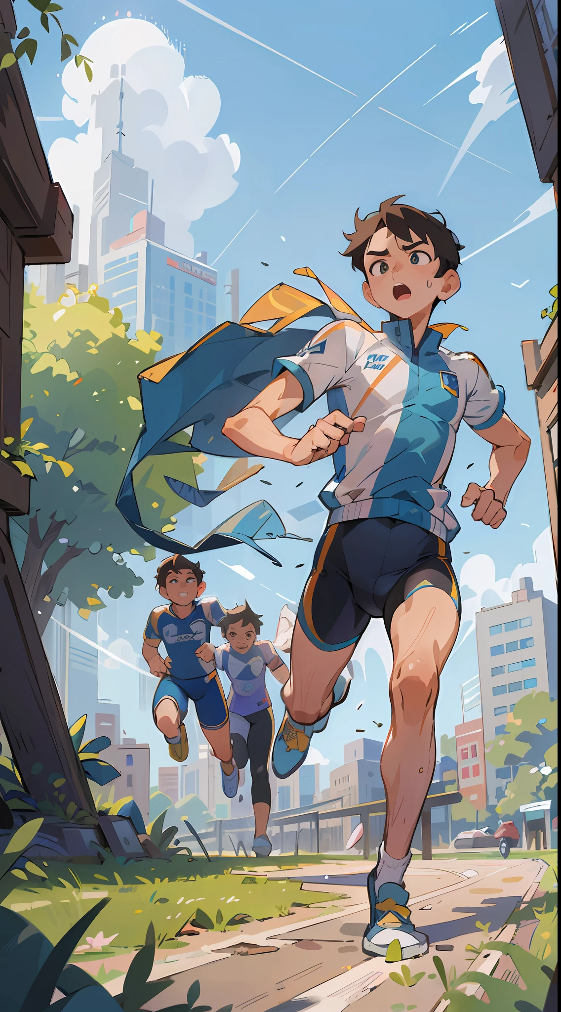 Masterpiece, extremely high detail, (best quality: 1.2), absurd, realistic, realistic, ultra-detailed, ray tracing, high resolution, sharp focus, 8k, vibrant, intricate, sharpness and clarity, realistic, marathon, frontal, young male, 4 young men running, sportswear, clouds, sun, clean blue sky, city track