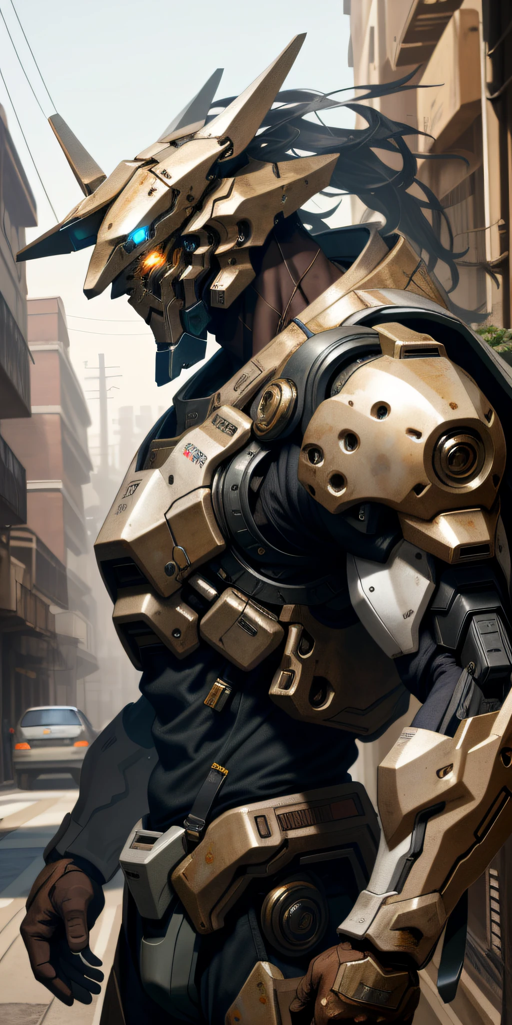 Portrait photo of an alpha male, perfect eyes, wearing a shabby mecha suit, intricate, (steel metal [rusty]), elegant, clear focus, photographed by Greg Rutkowski, soft lighting, bright colors, masterpiece, ((street)), cowboy shooting, dynamic pose, 4k