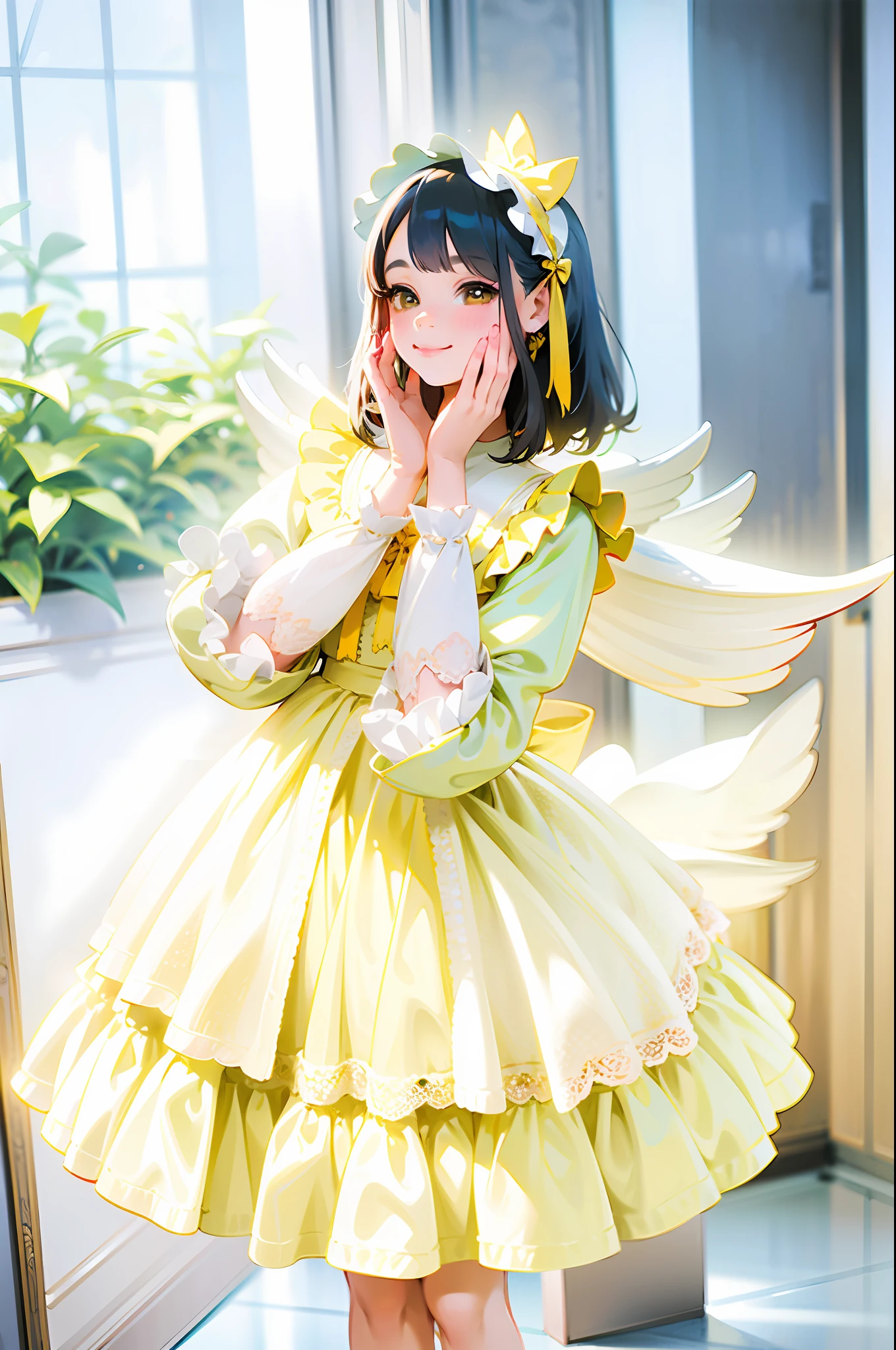 Pretty girl in yellow dress is posing for photo, portrait of magic lolita girl, angelic pretty, lolita fashion, lolita fashion, loli, lolita style, loli in dress, smile!! Fantasy, portrait of a radical Lolita girl, yellow glowing magic, wearing wheat yellow gauze, fairy core, hands on cheeks