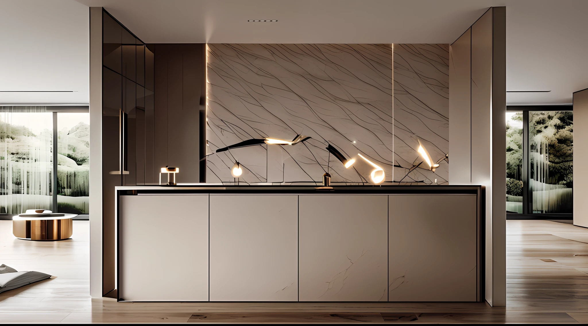Master masterpiece, Italian minimalist style, SCDA style, private house entrance, dark wood veneer cabinet, no ornaments, transparent Bulgari stone, daylight, warm beige micro-cement floor, movie lighting, high-end sense, skin texture