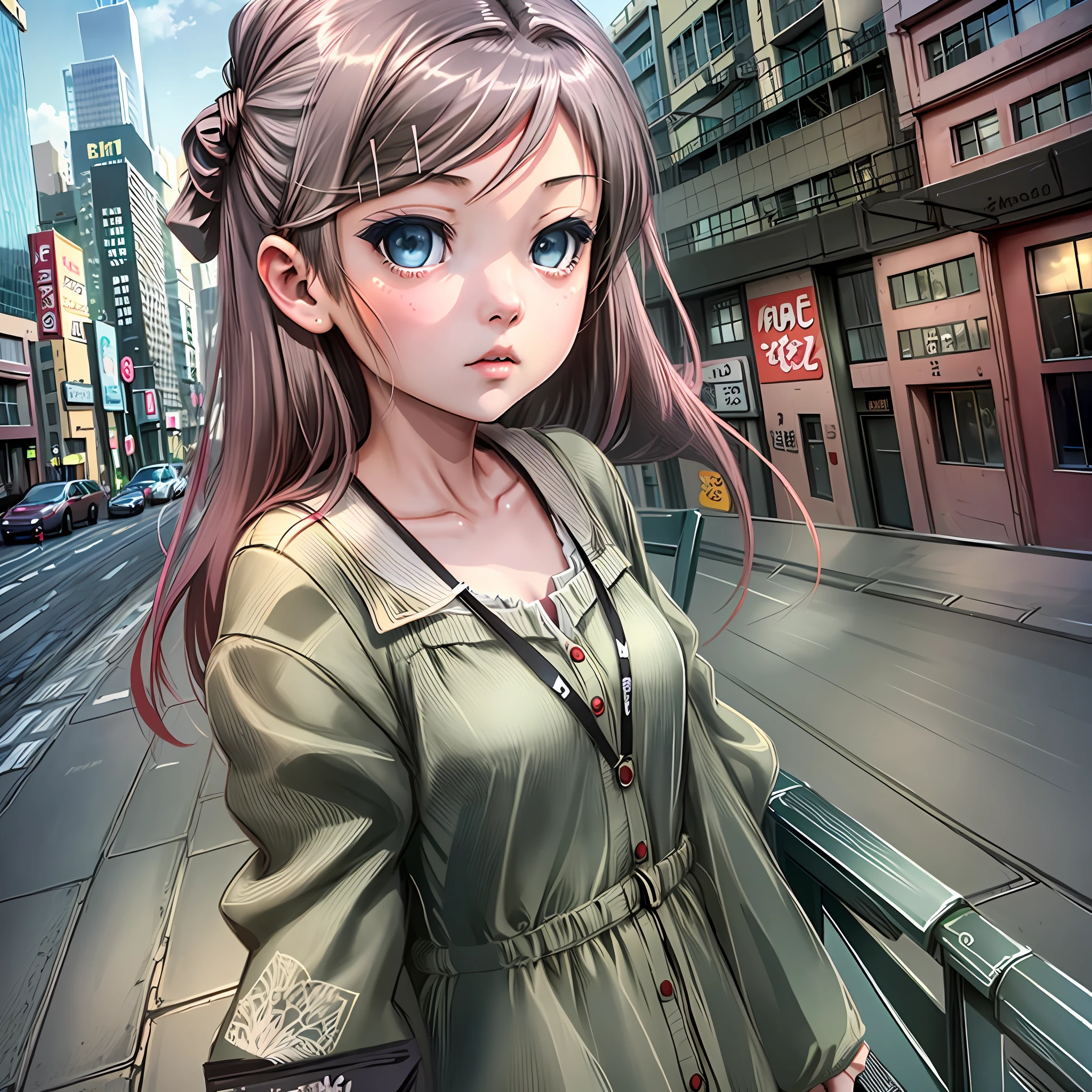 anime, (1girl), masterpiece, good quality, 4k, 8k uhd, city, detailed background, city \(Tokyo\), loli, looking at camera, shy