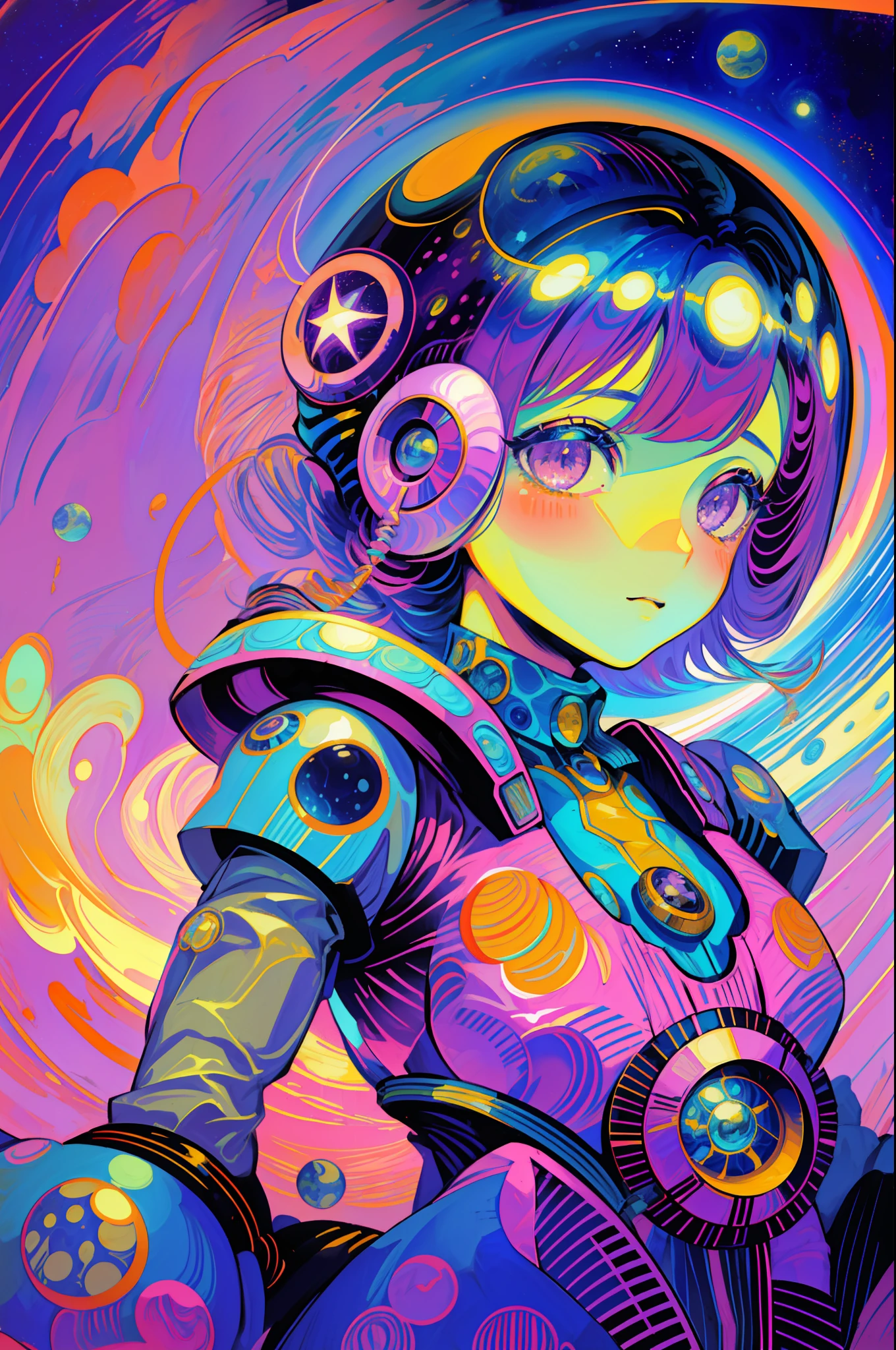 1970retrofuturism,((retro futurism theme)) 1girl,(masterpiece:1.1), (best quality:1.1), cowboy shoy,Surreal , wearing a retro-futuristic spacesuit, with wacky alien like accessories, abstract ,galactic theme. vibrant and bold colors, ((color palette: deep blues, purples, and pinks )), glowing neon effect, stunning,otherworldly effect, swirling shapes and patterns, stars, planets, cosmic dust , universe. cute and gorgeous girl gazing out at the vast expanse of space, she has a halo of light, spiritual and mystical connection to the cosmos,dreamlike ,imaginative, (extreme detailed, highest detailed, official art, beautiful ,aesthetic),