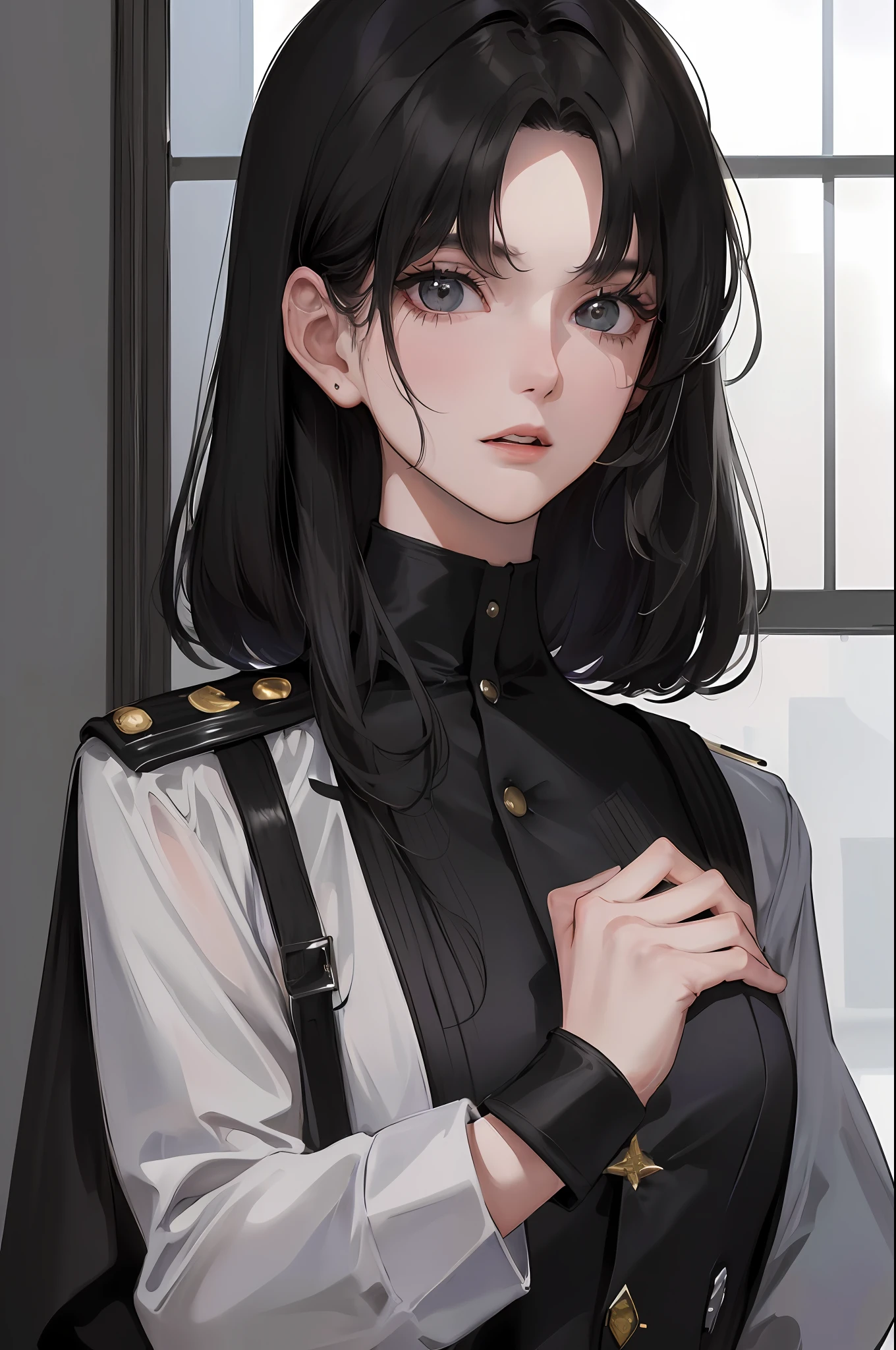 (highest resolution, distinct_image) best quality, woman, masterpiece, high detail, semi-realistic, short black hair, black hair, bangs, 21 years old, shoulder-length hair, mature, young, black clothes, black uniform, military academy beauty heroic heroic posture interior background exquisite and exquisite facial features