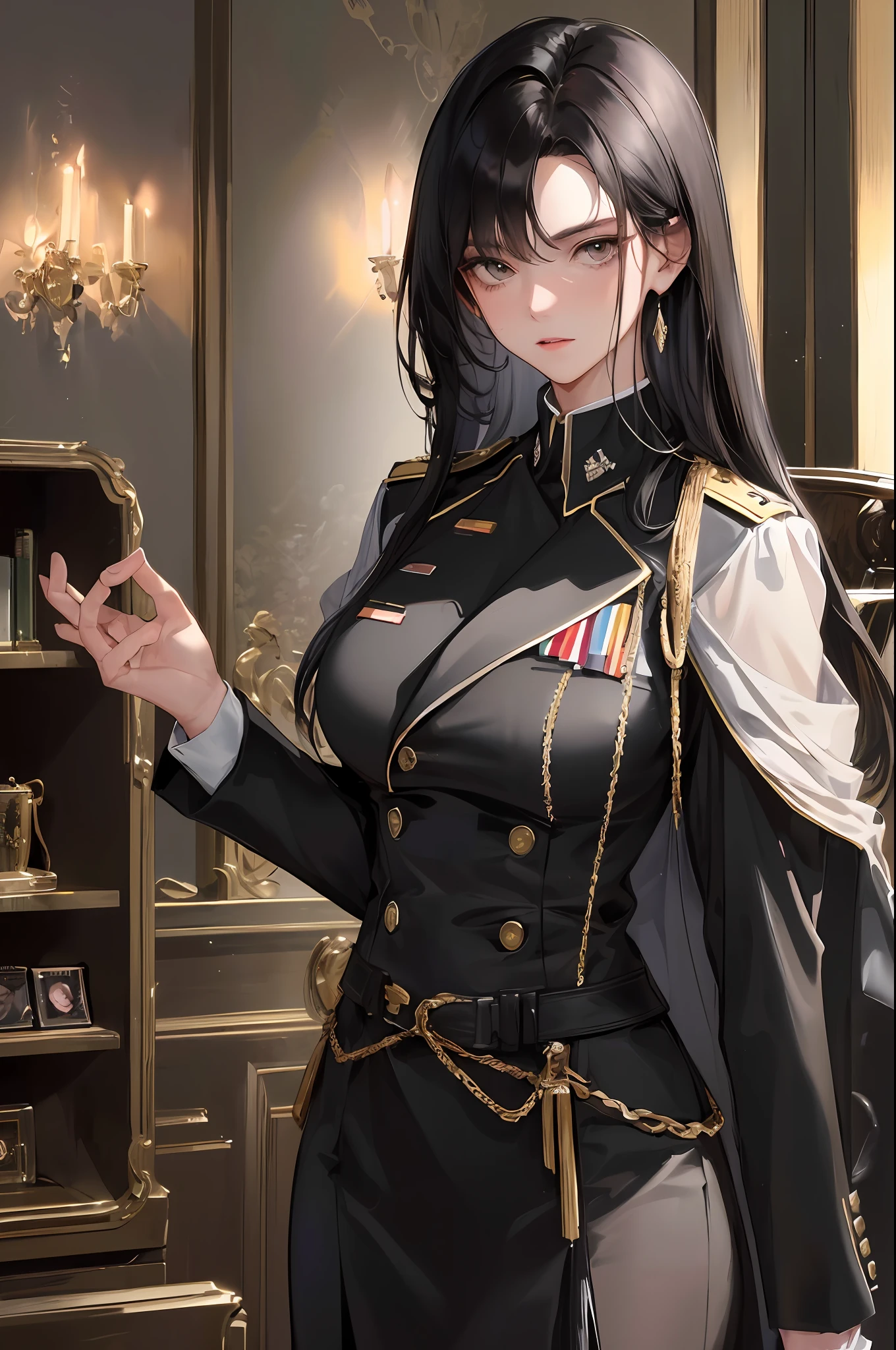 (highest resolution, distinct_image) best quality, woman, masterpiece, high detail, semi-realistic, short black hair, black hair, bangs, 21 years old, shoulder-length hair, mature, young, black clothes, black uniform, military academy beauty heroic heroic posture interior background exquisite and exquisite facial features