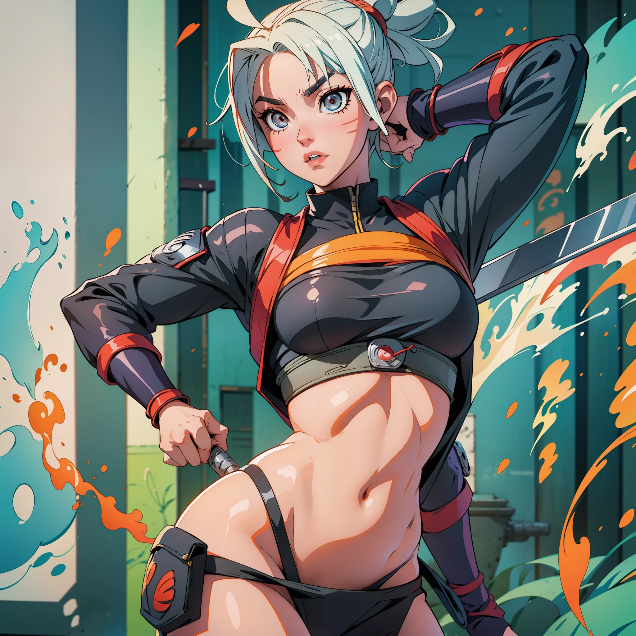 beautiful ninja girl from the TV series "Naruto", full-length, beautiful figure, flat tummy, narrow waist, smooth skin, highlights on bare skin, naruto style, uses her jutsu, heroic pose, fights, bright colors, Kanoha village, super detail