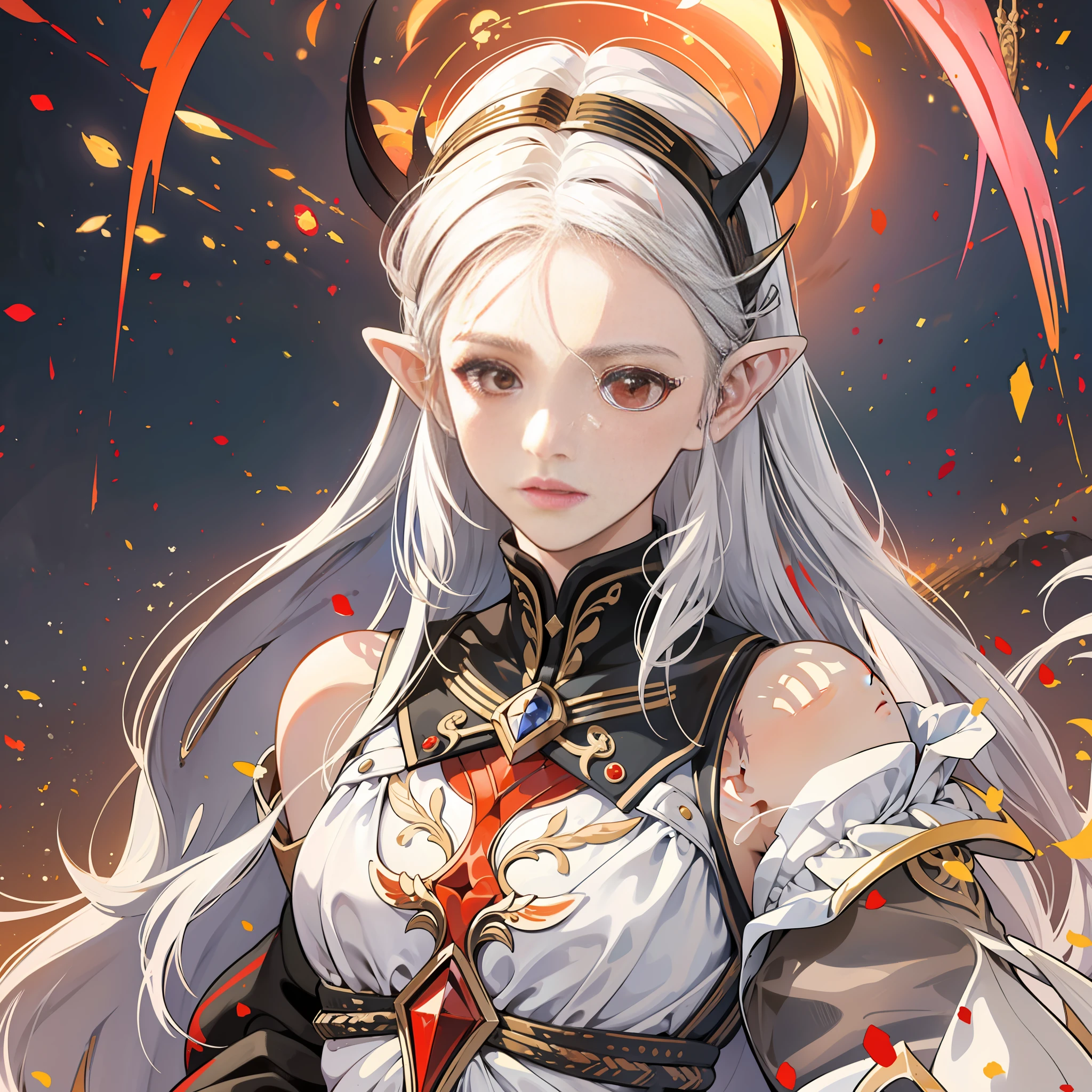 1girl, masterpiece, best picture quality, delicate face, orange-red eyes, white hair, long face, pointed ears, Greek style clothing, determination, perseverance, pride, ambition and stratagem, gods, dreams, darkness, chaos, bloodshot white gas, disappearing and collapsing, destroyed, devoured