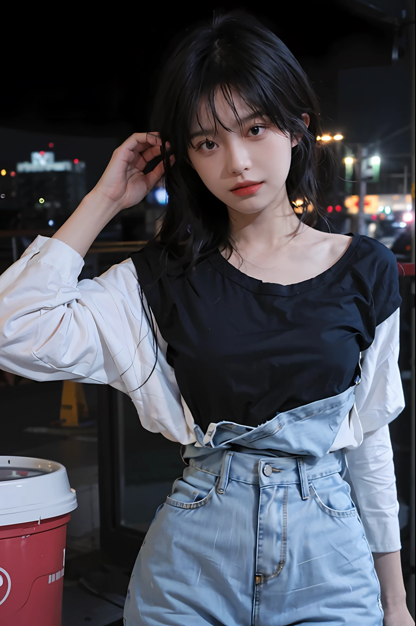 The best quality, masterpiece,.. Night, City ,.. 1 girl,. (Real skin type: 1.3), close-up, face focus, full body, selfie,.., white bandeau top, jeans bottom