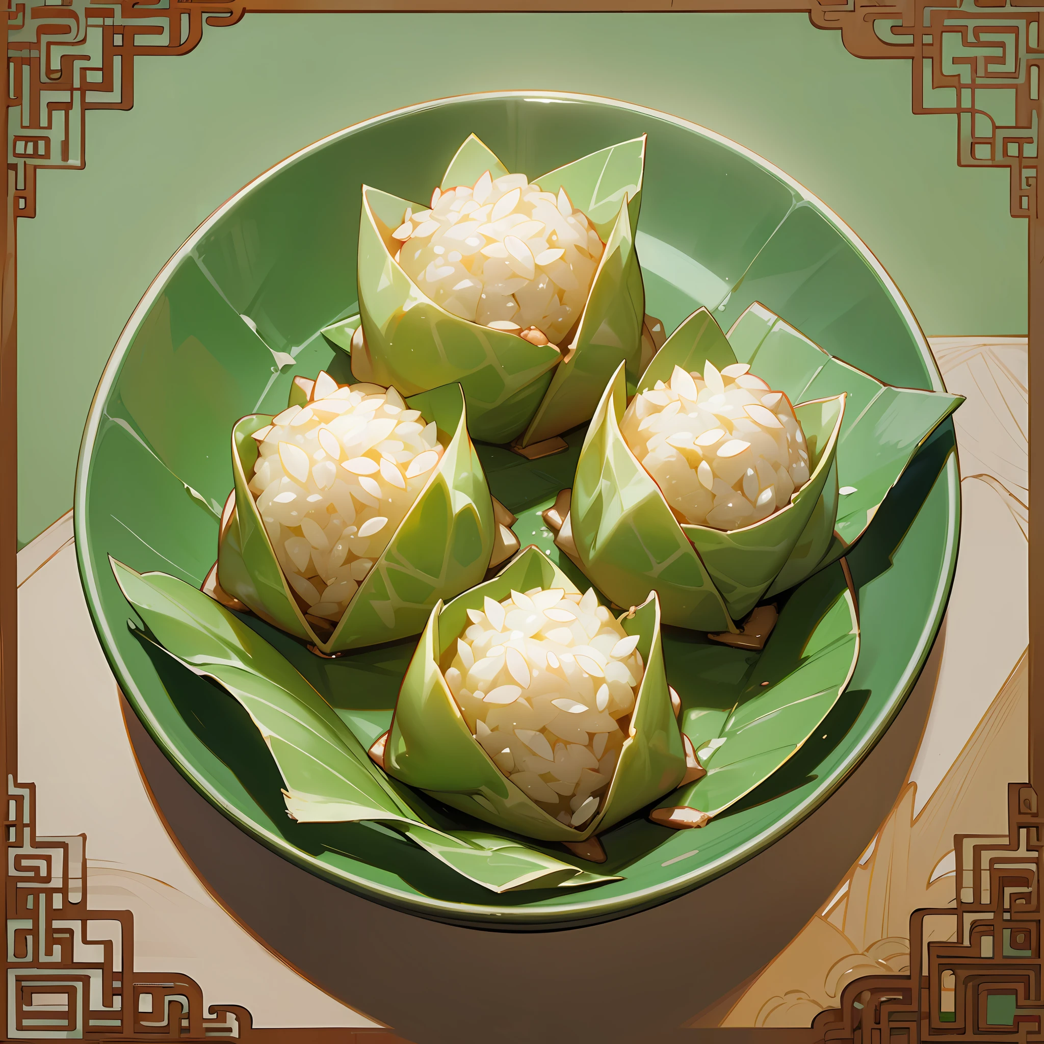 Chinese triangles food poster, (triangles food), (Glutinous rice wrapped in rice dumpling leaves and steamed into triangles),traditional Chinese style, festive atmosphere, green bronze,bright background, sunshine